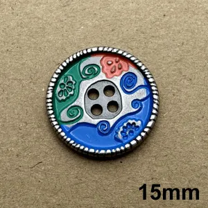 4 Hole Silver Crimp Edge Blue/Green/Red Metal Button