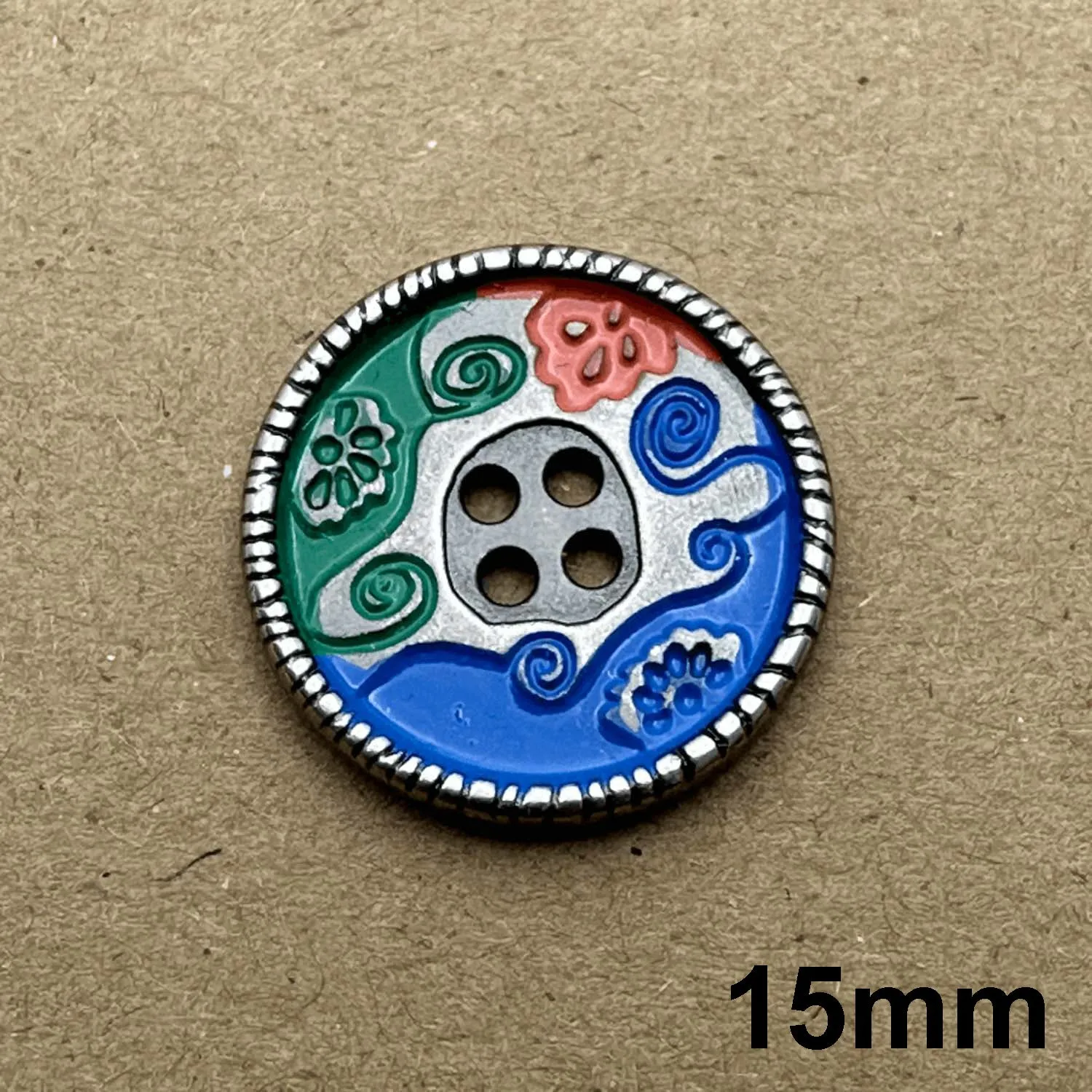 4 Hole Silver Crimp Edge Blue/Green/Red Metal Button