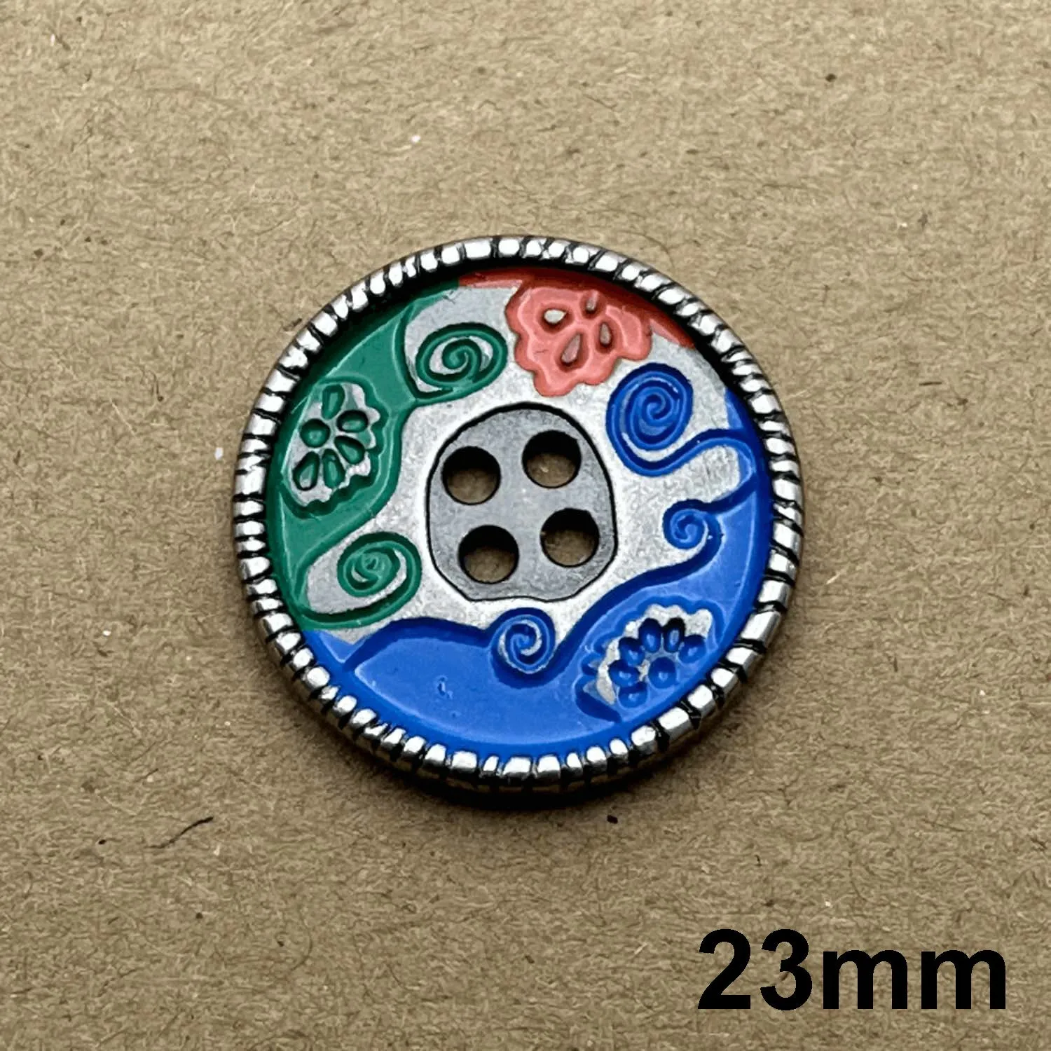 4 Hole Silver Crimp Edge Blue/Green/Red Metal Button