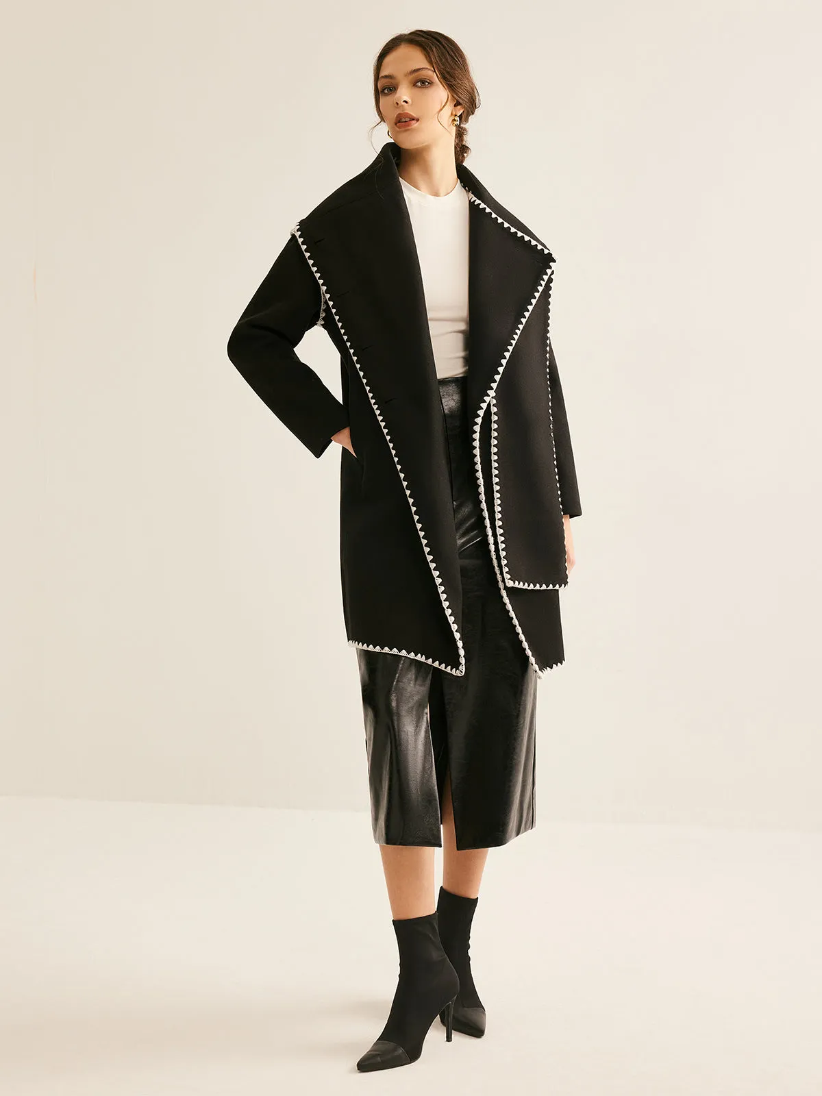 Asymmetrical Tweed Contrast Trim Coat