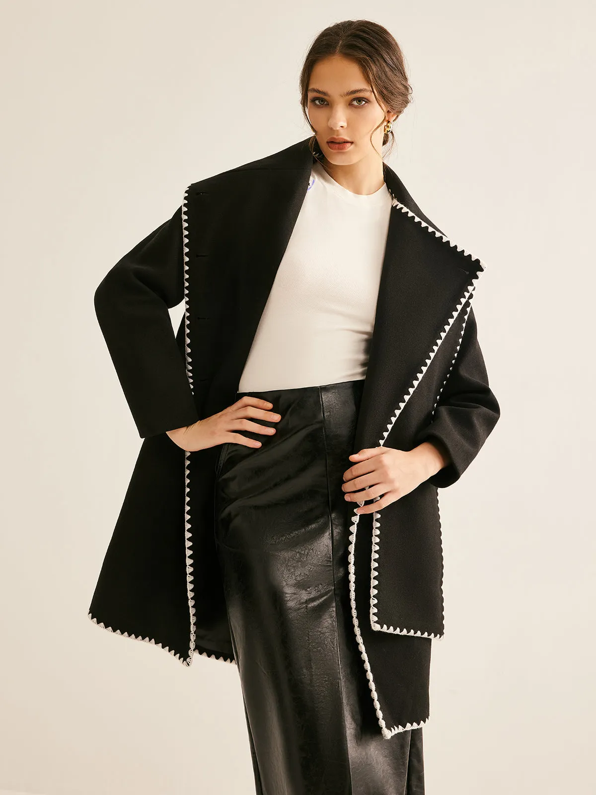 Asymmetrical Tweed Contrast Trim Coat