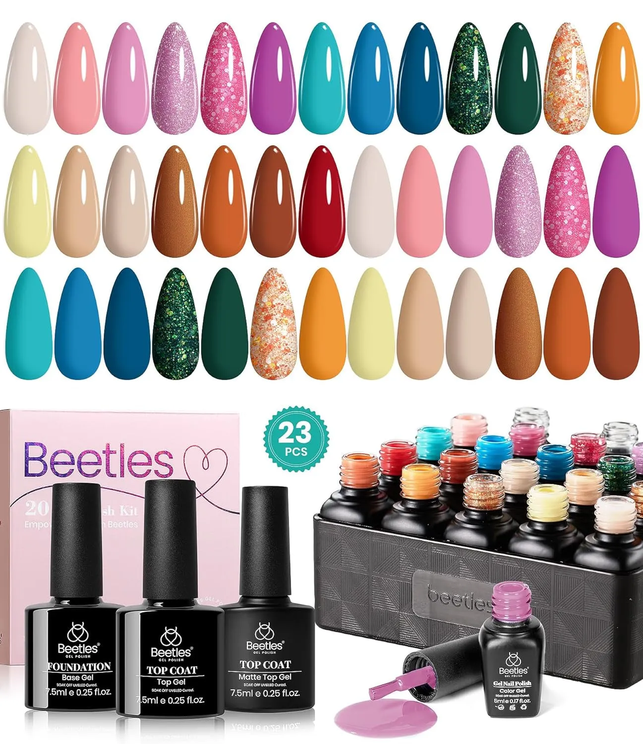 Beetles 23-Piece Gel Nail Polish Set - Trendy Nude, Gray, Pink, Blue & Glitter with Base/Top Coats