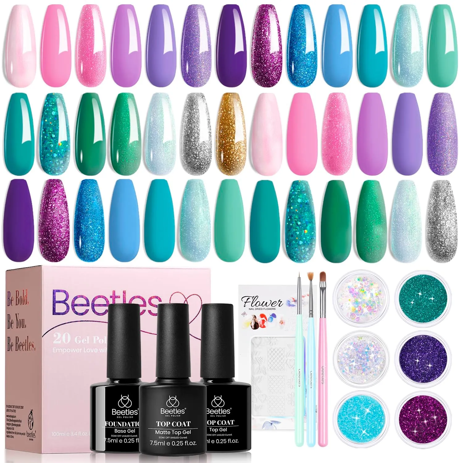 Beetles 23-Piece Gel Nail Polish Set - Trendy Nude, Gray, Pink, Blue & Glitter with Base/Top Coats