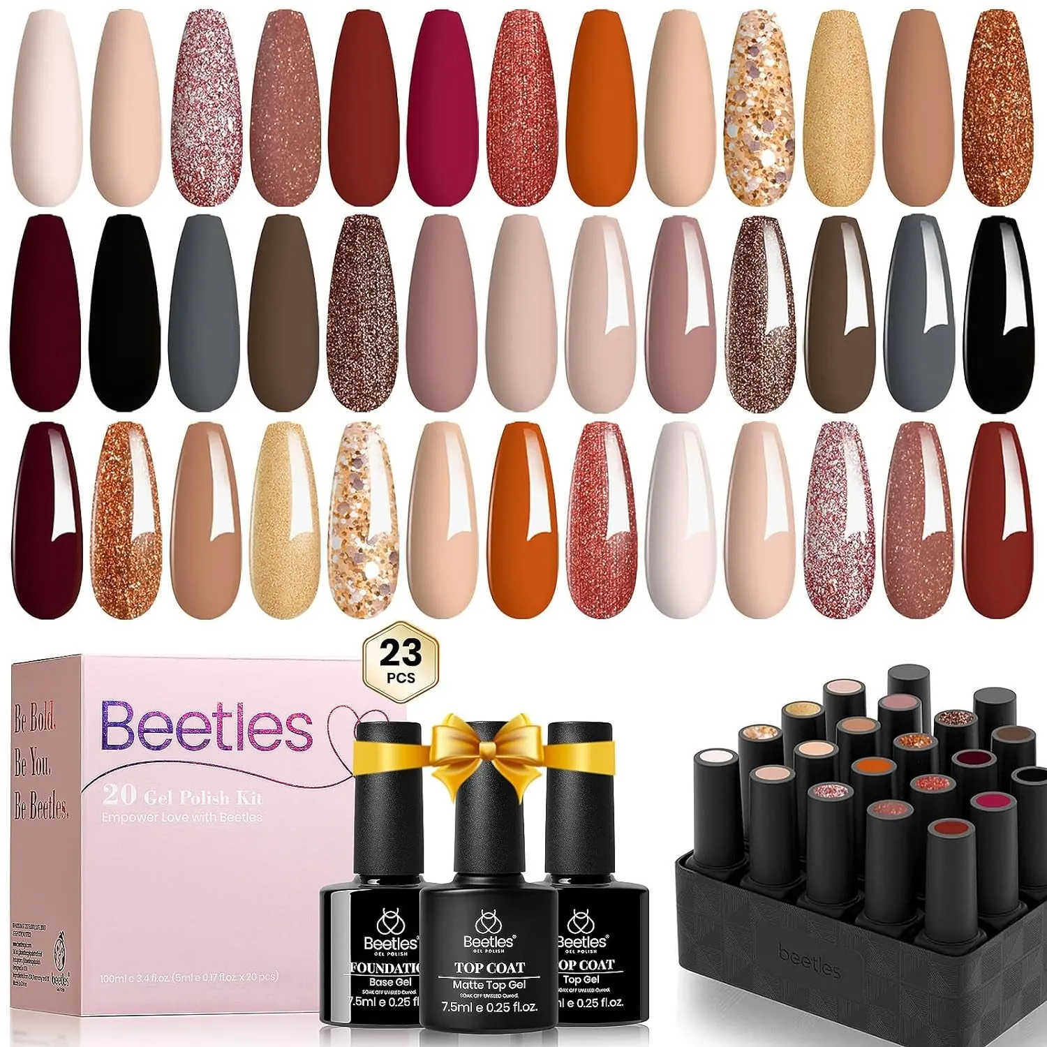 Beetles 23-Piece Gel Nail Polish Set - Trendy Nude, Gray, Pink, Blue & Glitter with Base/Top Coats