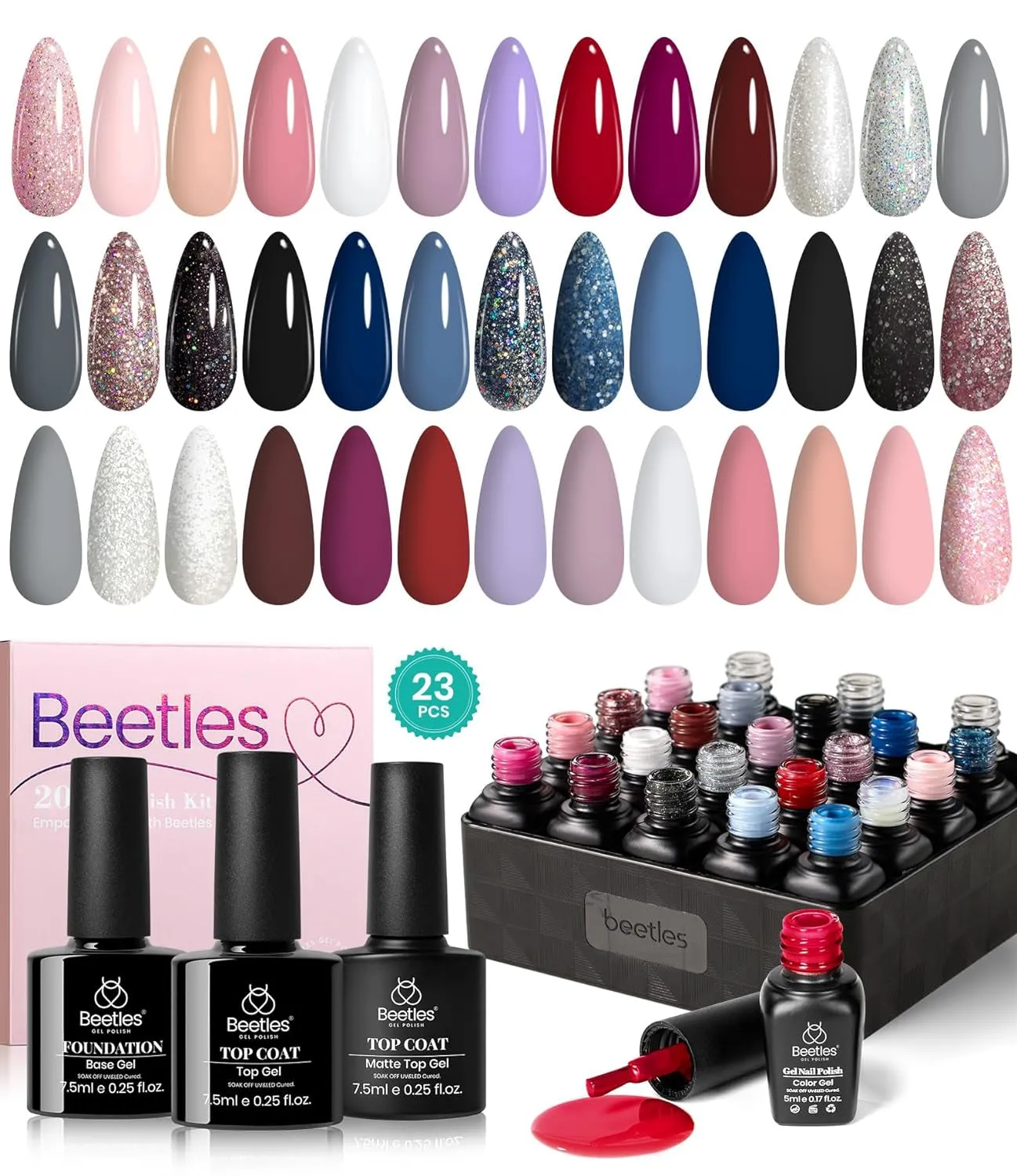 Beetles 23-Piece Gel Nail Polish Set - Trendy Nude, Gray, Pink, Blue & Glitter with Base/Top Coats