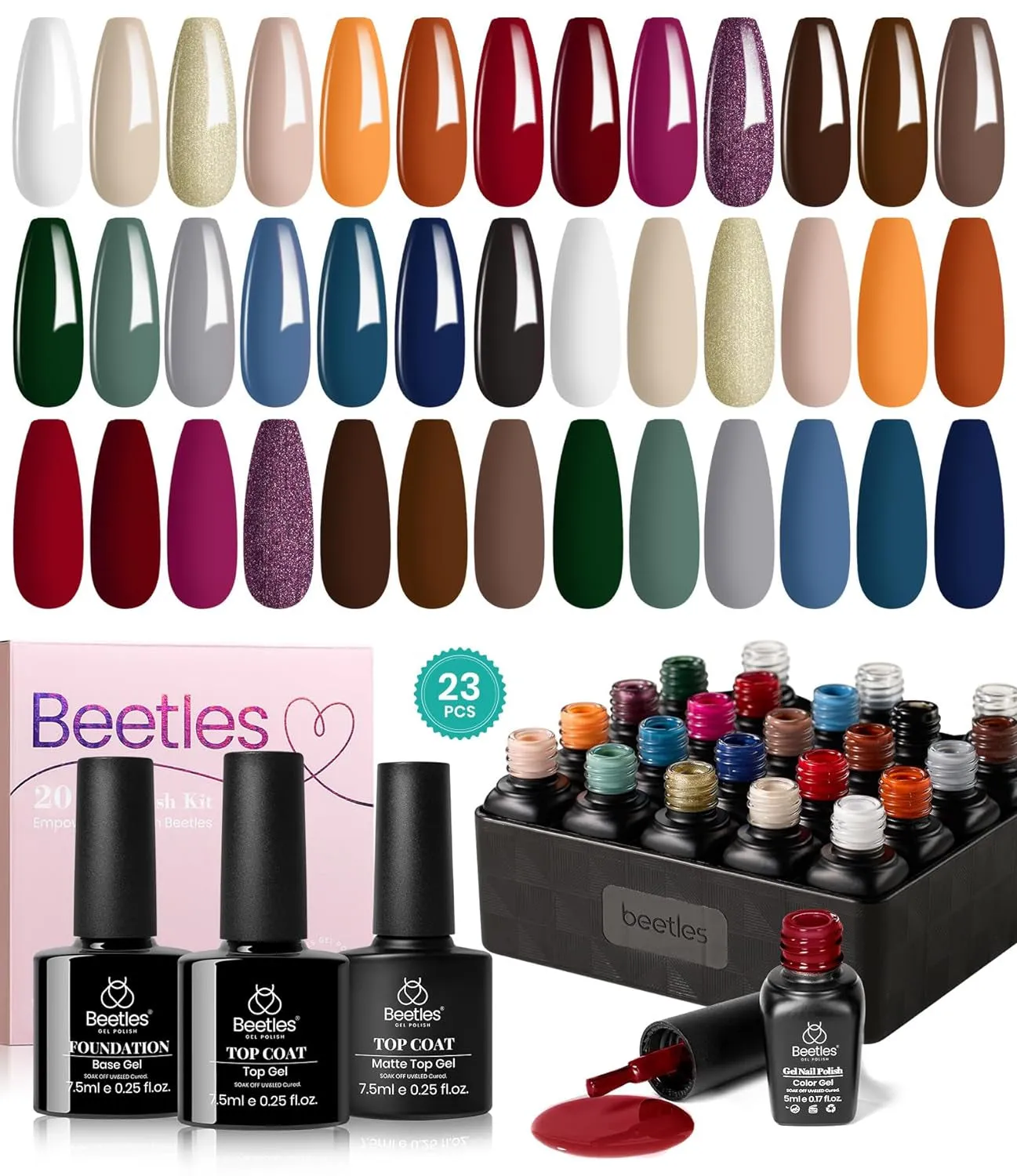 Beetles 23-Piece Gel Nail Polish Set - Trendy Nude, Gray, Pink, Blue & Glitter with Base/Top Coats