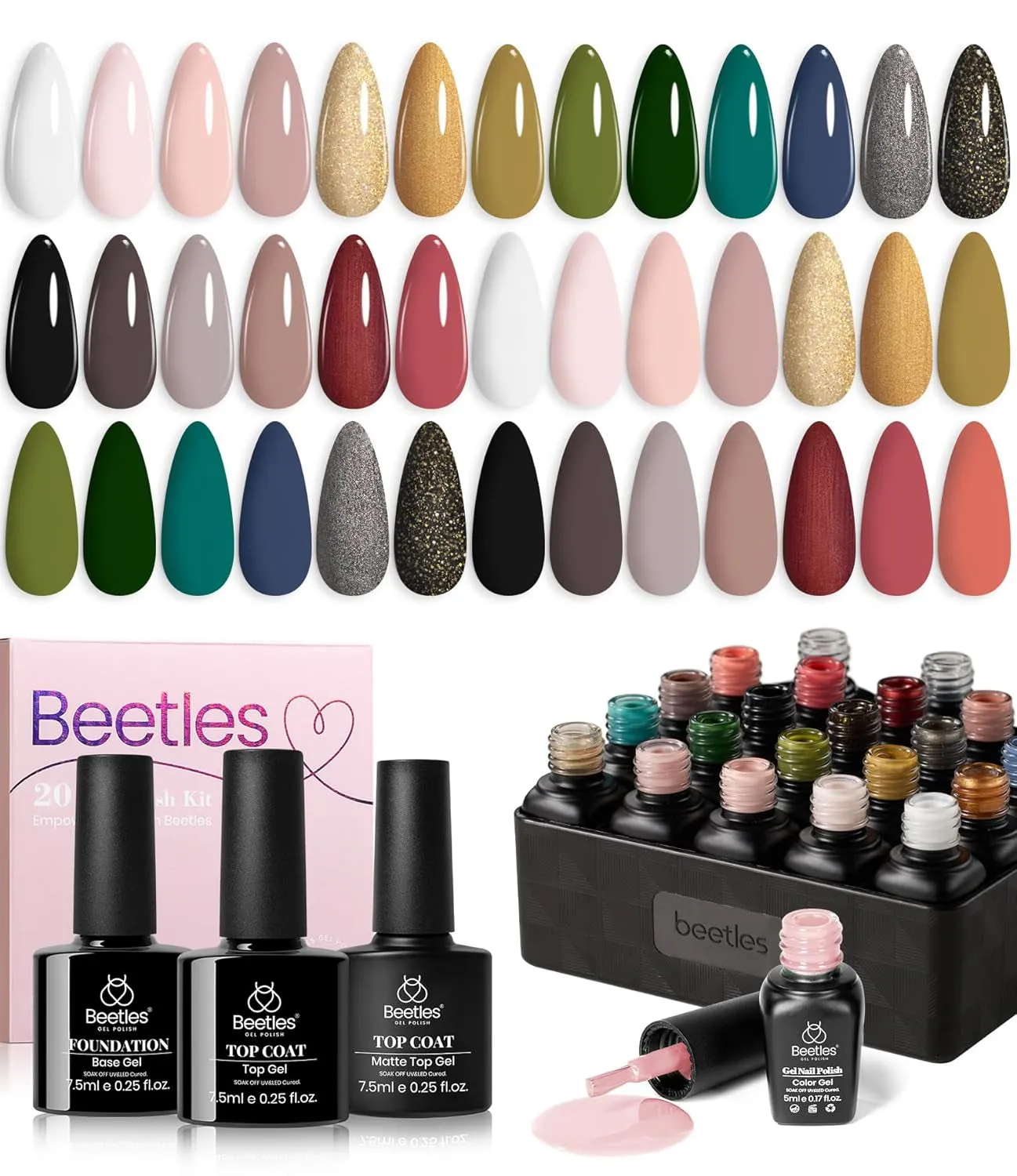 Beetles 23-Piece Gel Nail Polish Set - Trendy Nude, Gray, Pink, Blue & Glitter with Base/Top Coats