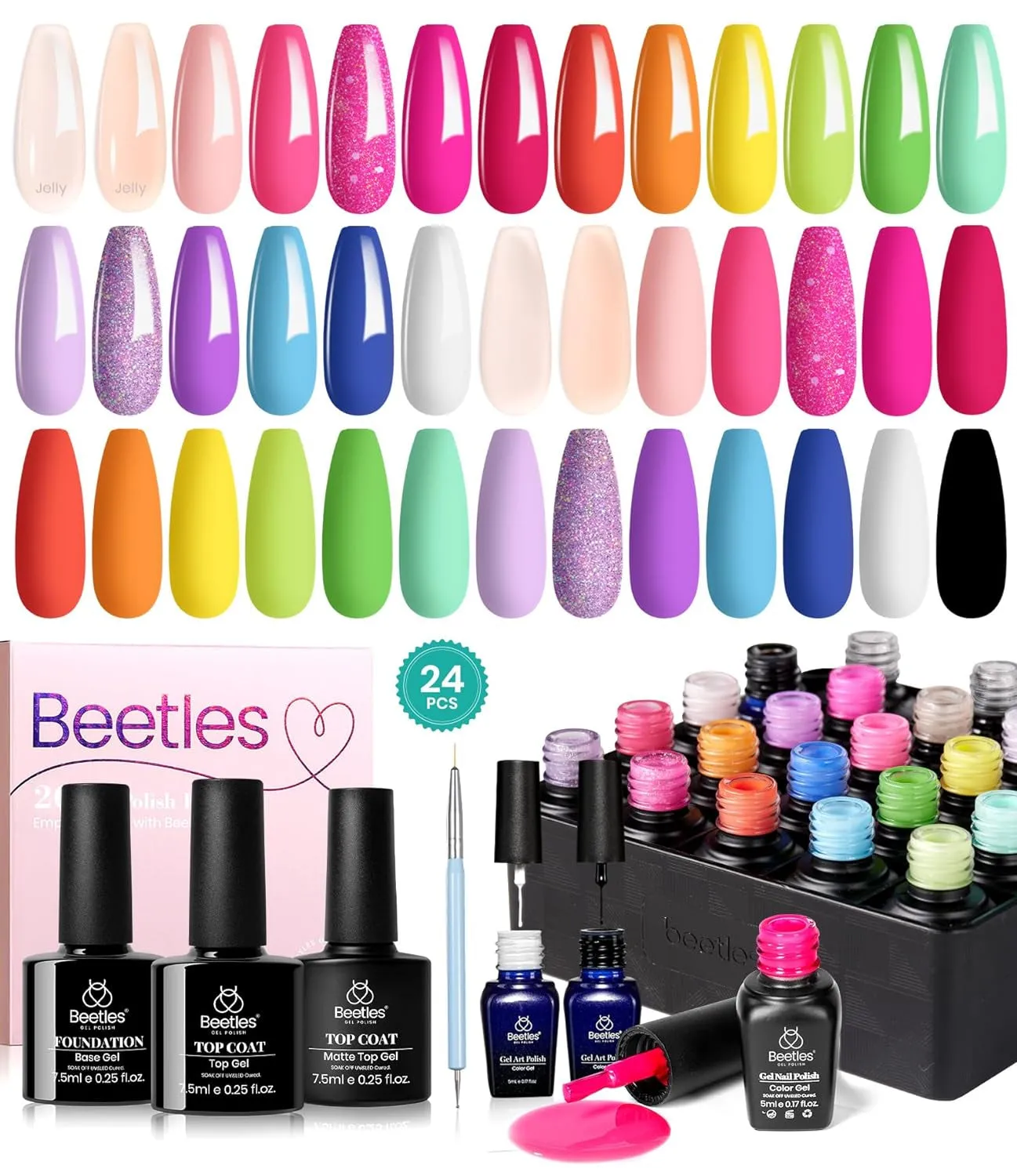 Beetles 23-Piece Gel Nail Polish Set - Trendy Nude, Gray, Pink, Blue & Glitter with Base/Top Coats