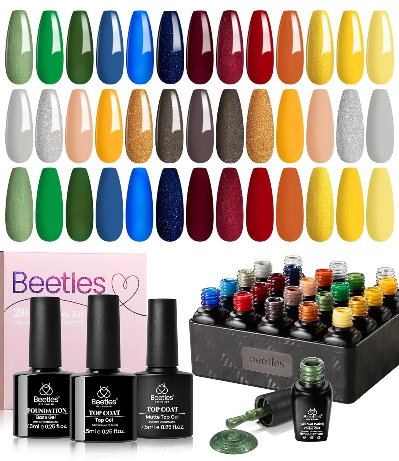 Beetles 23-Piece Gel Nail Polish Set - Trendy Nude, Gray, Pink, Blue & Glitter with Base/Top Coats