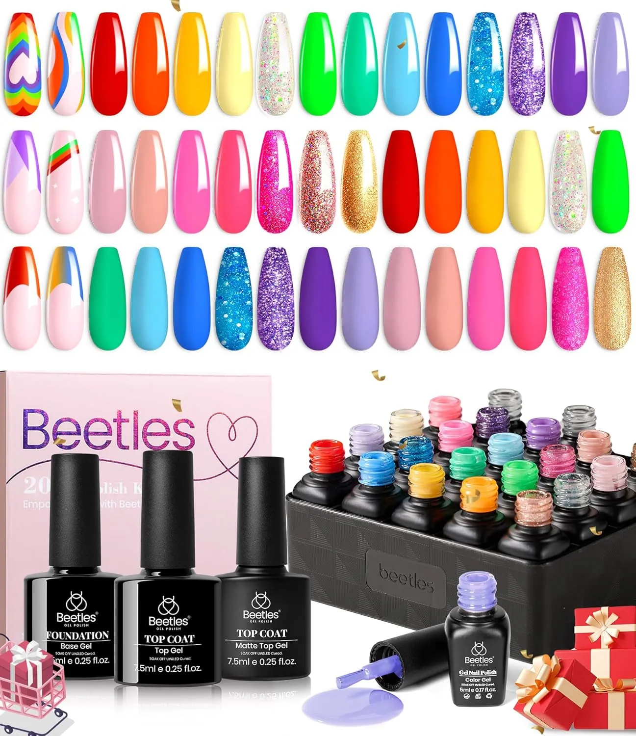 Beetles 23-Piece Gel Nail Polish Set - Trendy Nude, Gray, Pink, Blue & Glitter with Base/Top Coats