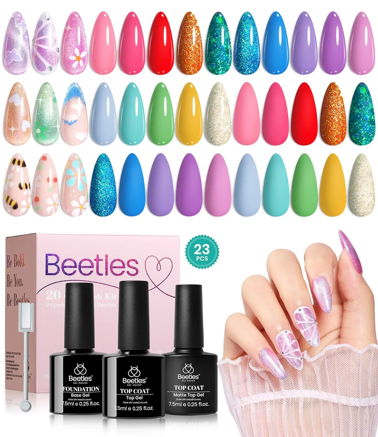 Beetles 23-Piece Gel Nail Polish Set - Trendy Nude, Gray, Pink, Blue & Glitter with Base/Top Coats