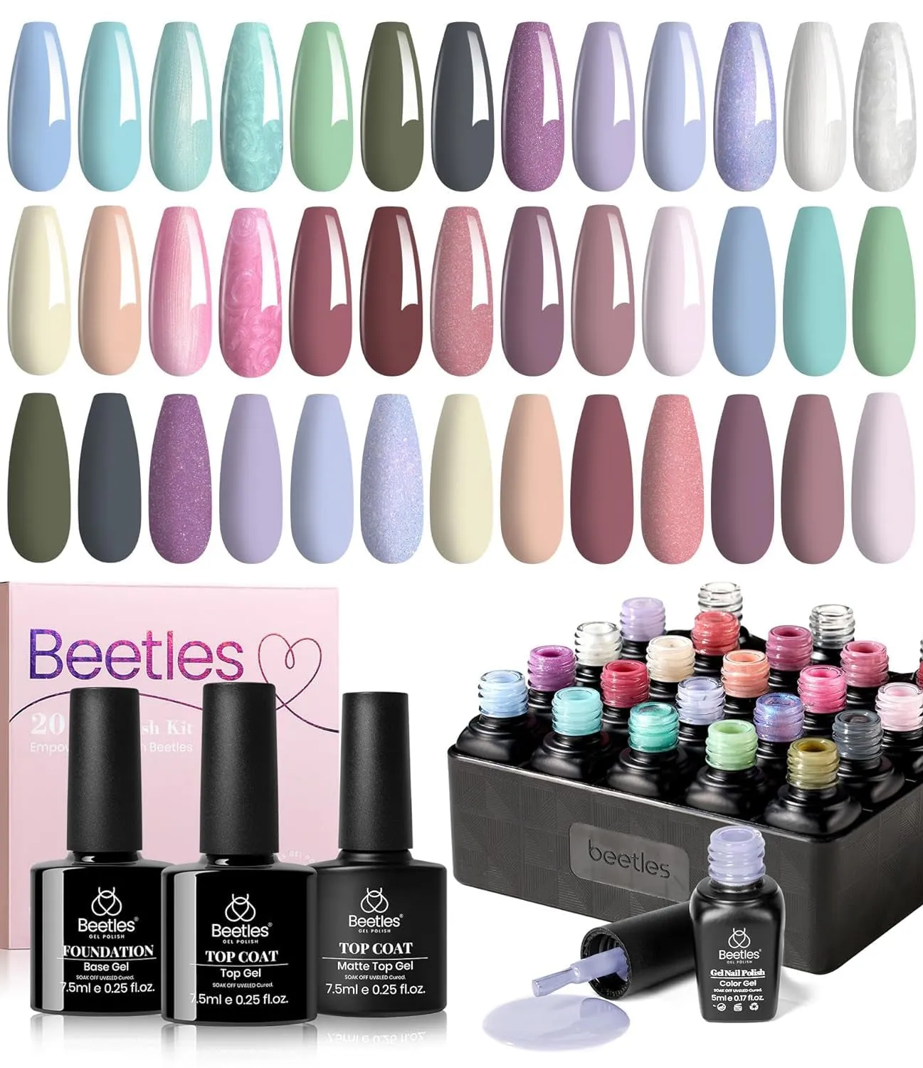 Beetles 23-Piece Gel Nail Polish Set - Trendy Nude, Gray, Pink, Blue & Glitter with Base/Top Coats