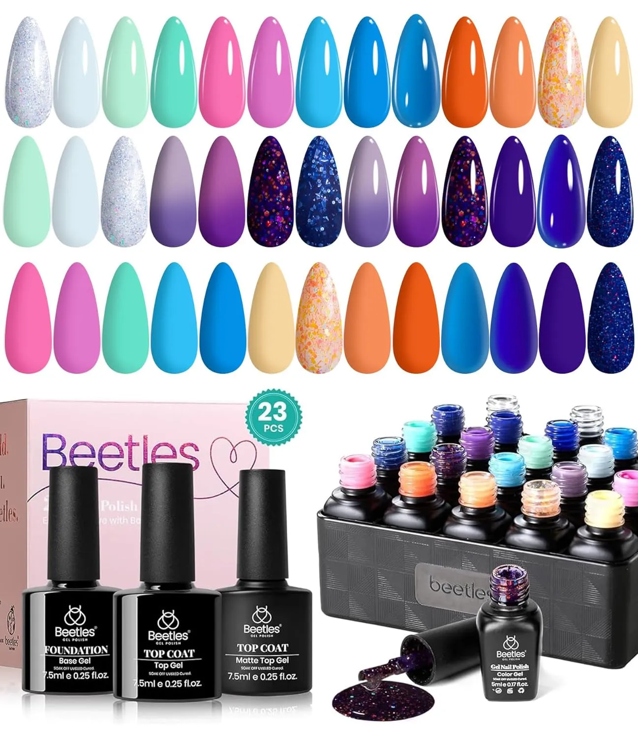 Beetles 23-Piece Gel Nail Polish Set - Trendy Nude, Gray, Pink, Blue & Glitter with Base/Top Coats