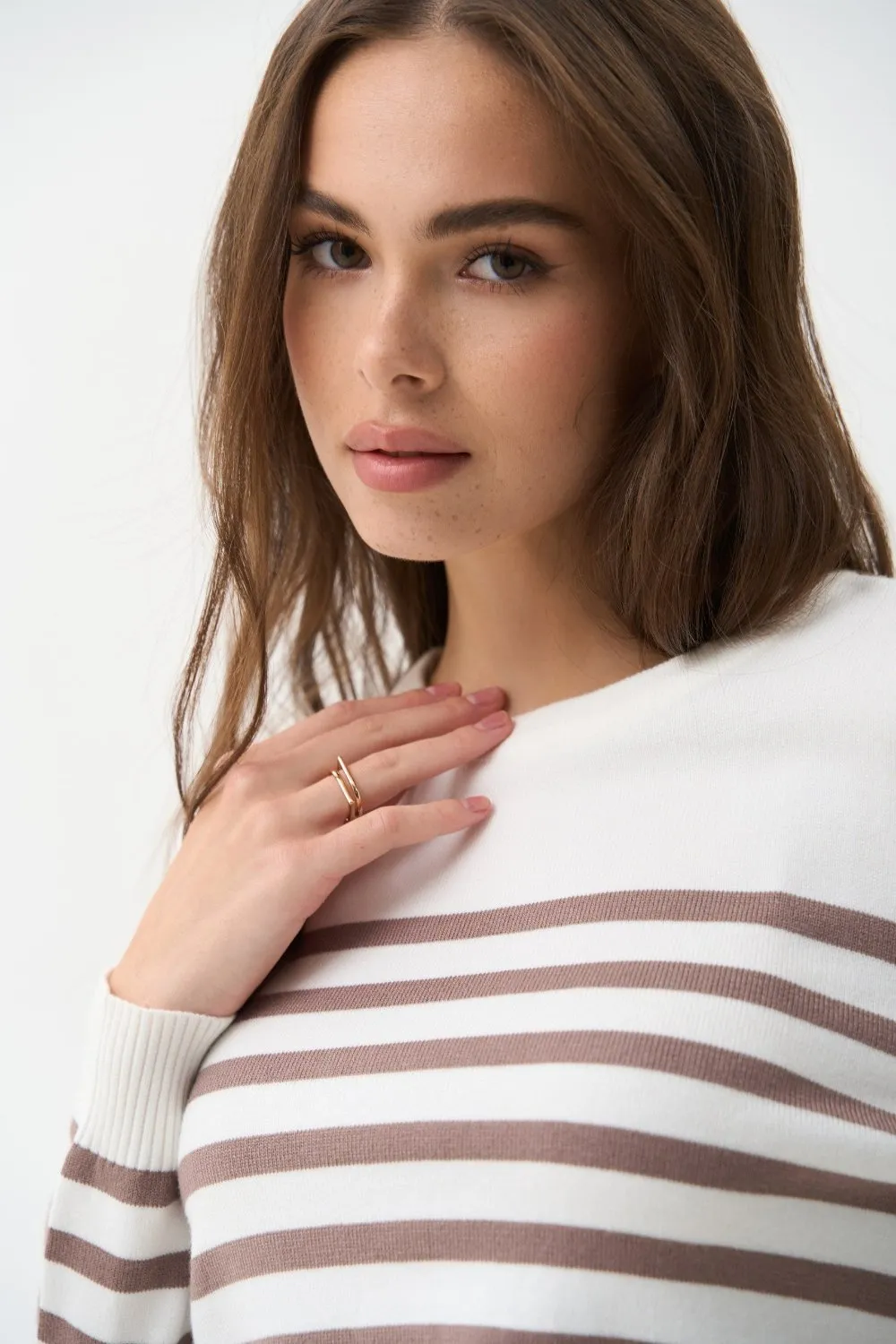 Brown Striped Knit Sweater with a Crew Neck