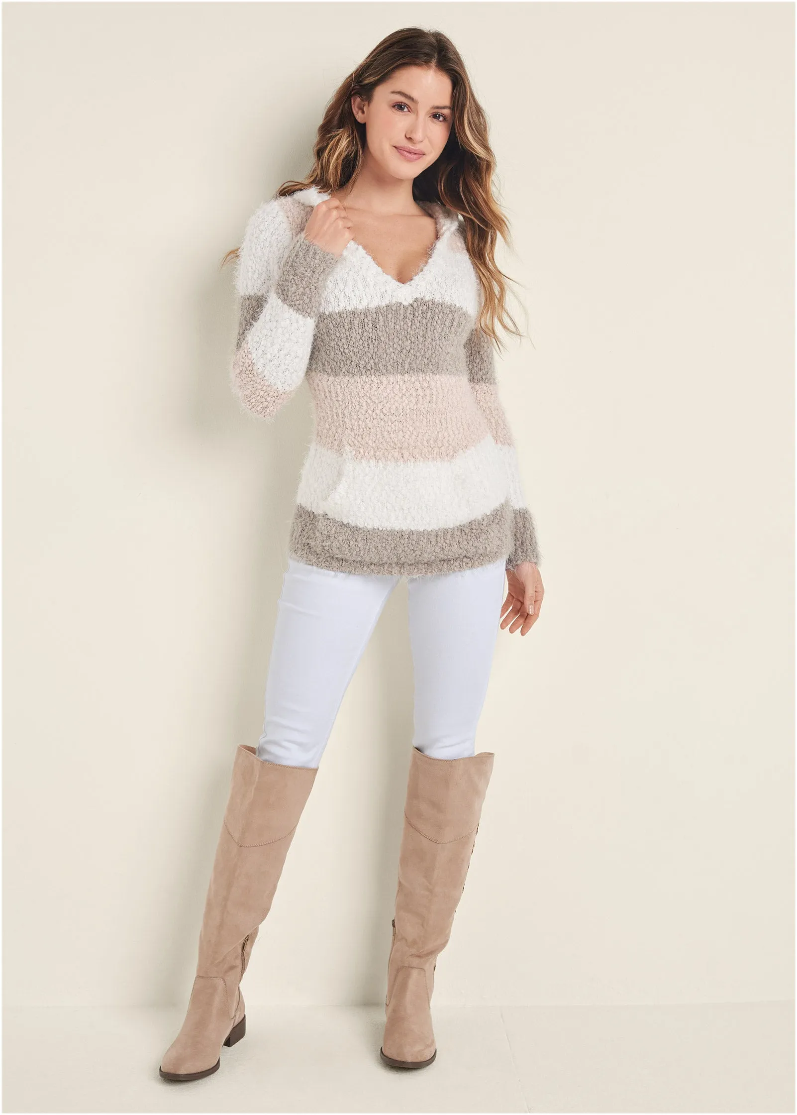 Cozy Striped Hooded Sweater - Blush Multi