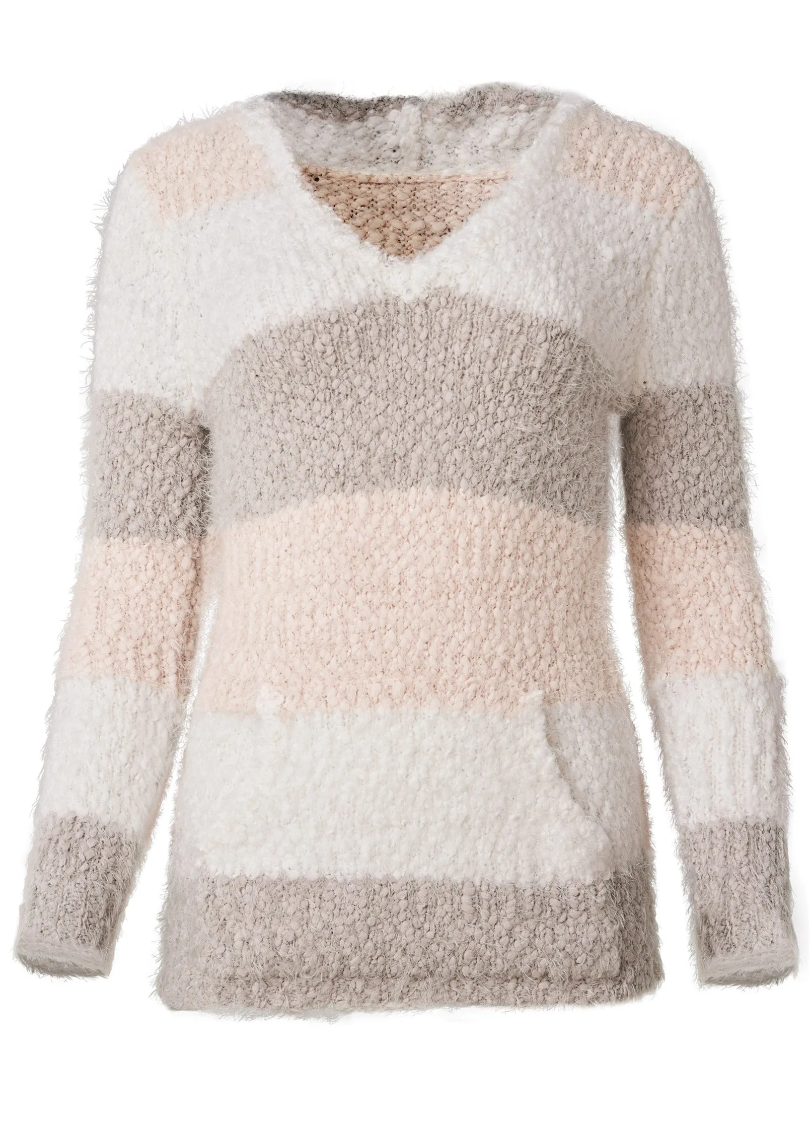 Cozy Striped Hooded Sweater - Blush Multi