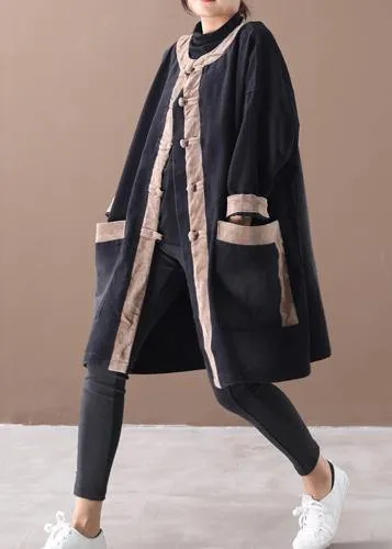 Elegant hooded Chinese Button Fashion clothes denim black patchwork khaki Plus Size Clothing coats