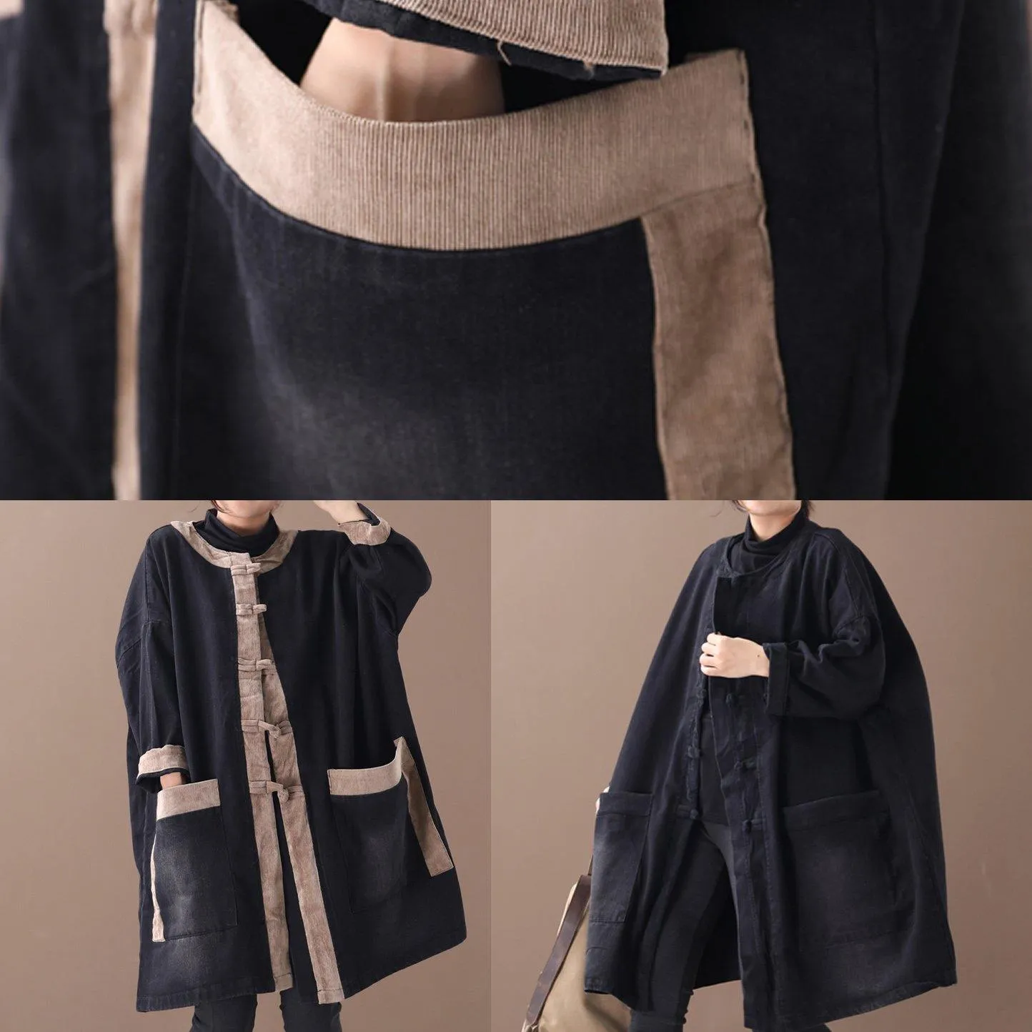 Elegant hooded Chinese Button Fashion clothes denim black patchwork khaki Plus Size Clothing coats