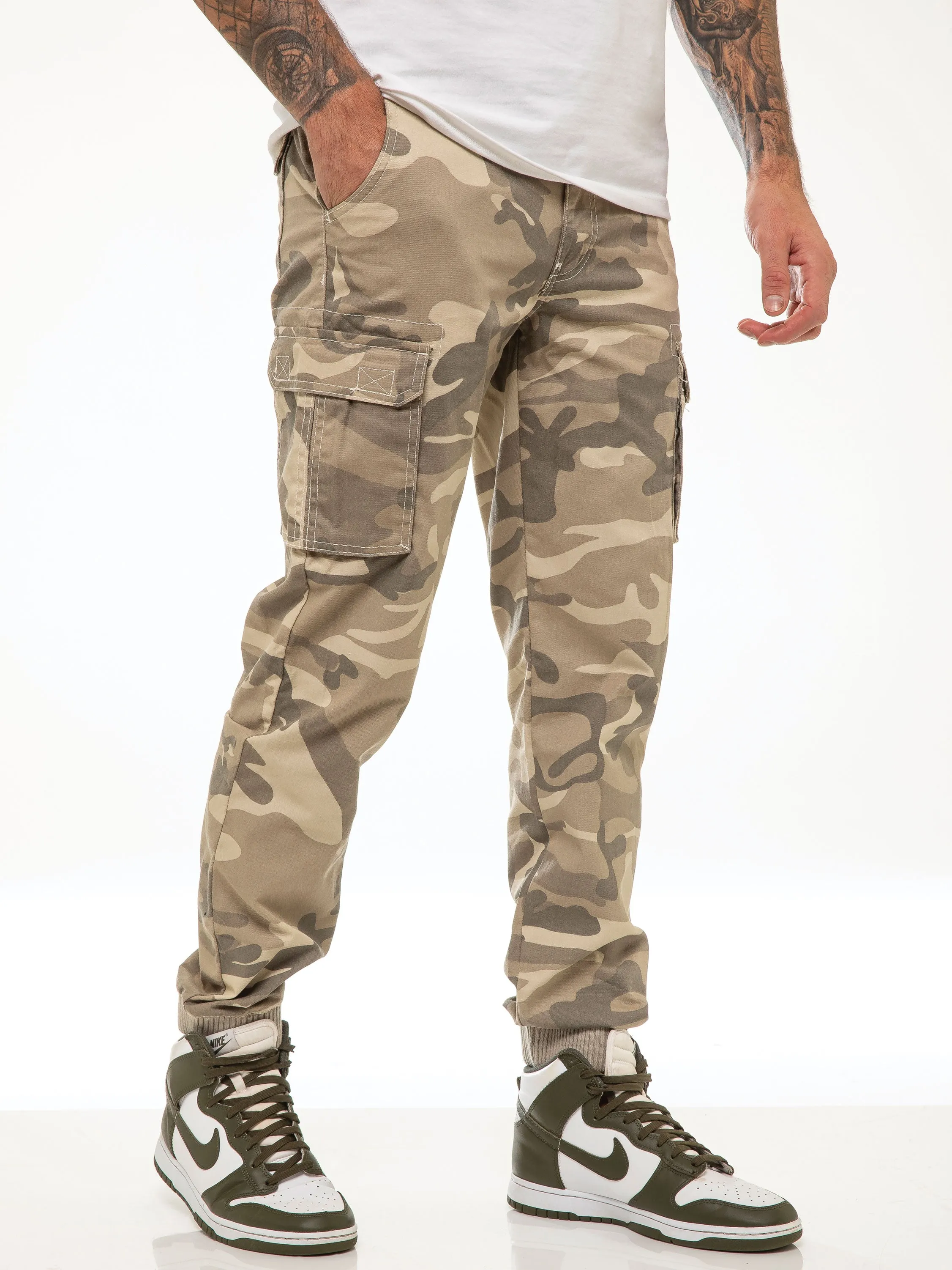 ENZO Mens Military Combat Cuffed Camouflage Jeans