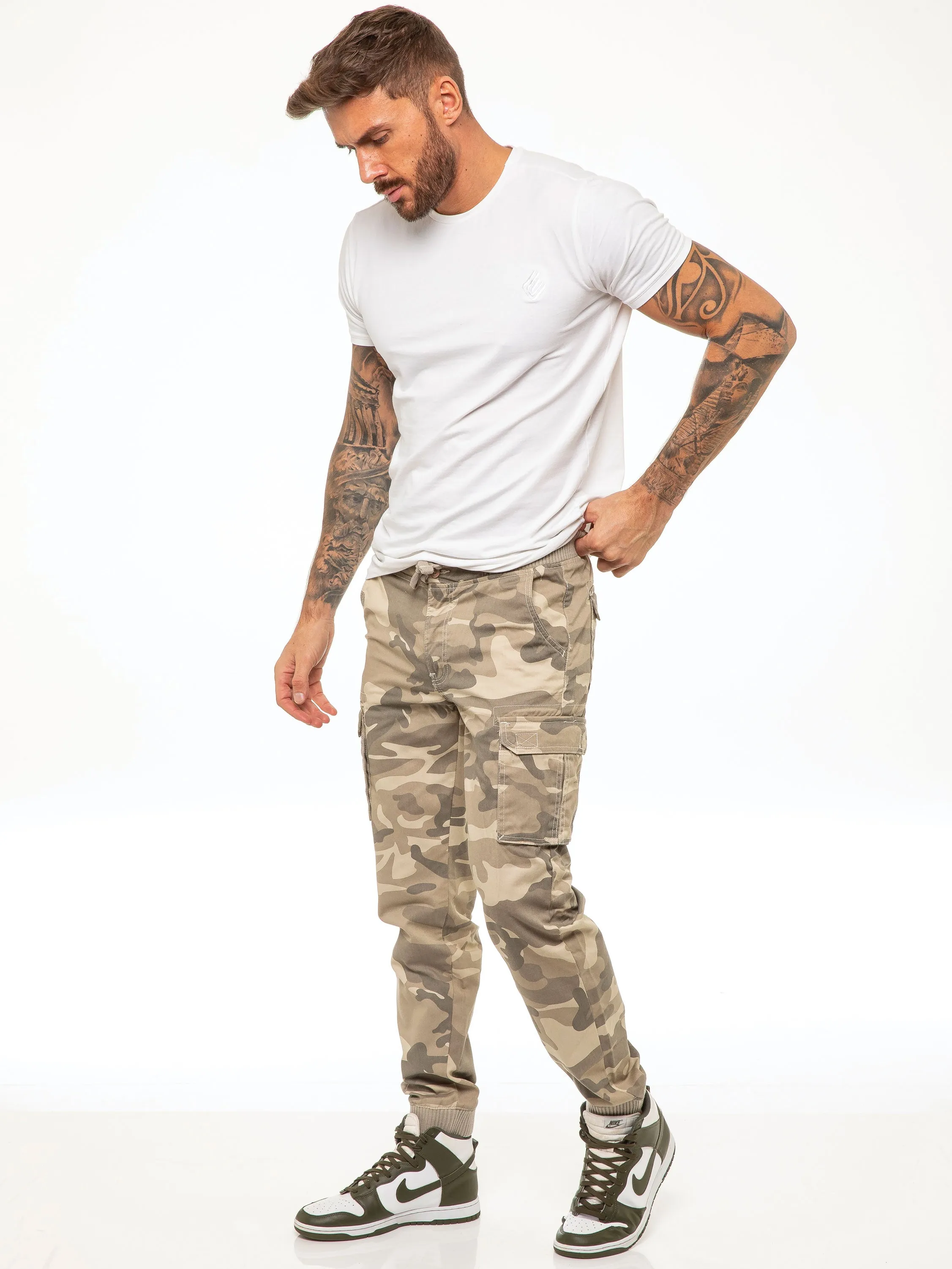 ENZO Mens Military Combat Cuffed Camouflage Jeans