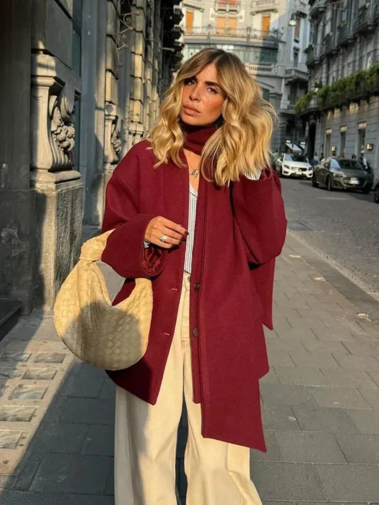 Fashionkova Chic Burgundy Scarf Collar Wool Blends Coats Women Elegant Single Breasted Pocket Suit Jacket 2024 New Lady Commute Outerwears