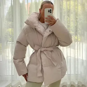 Fashionkova Malina Winter Thick Stand Collar Parkas Women Fashion Tie Waist Coats Women Elegant Solid Short Padded Jackets Female Ladies