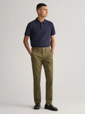 Gant Men Olive Solid Slim Fit Mid-Rise Trouser