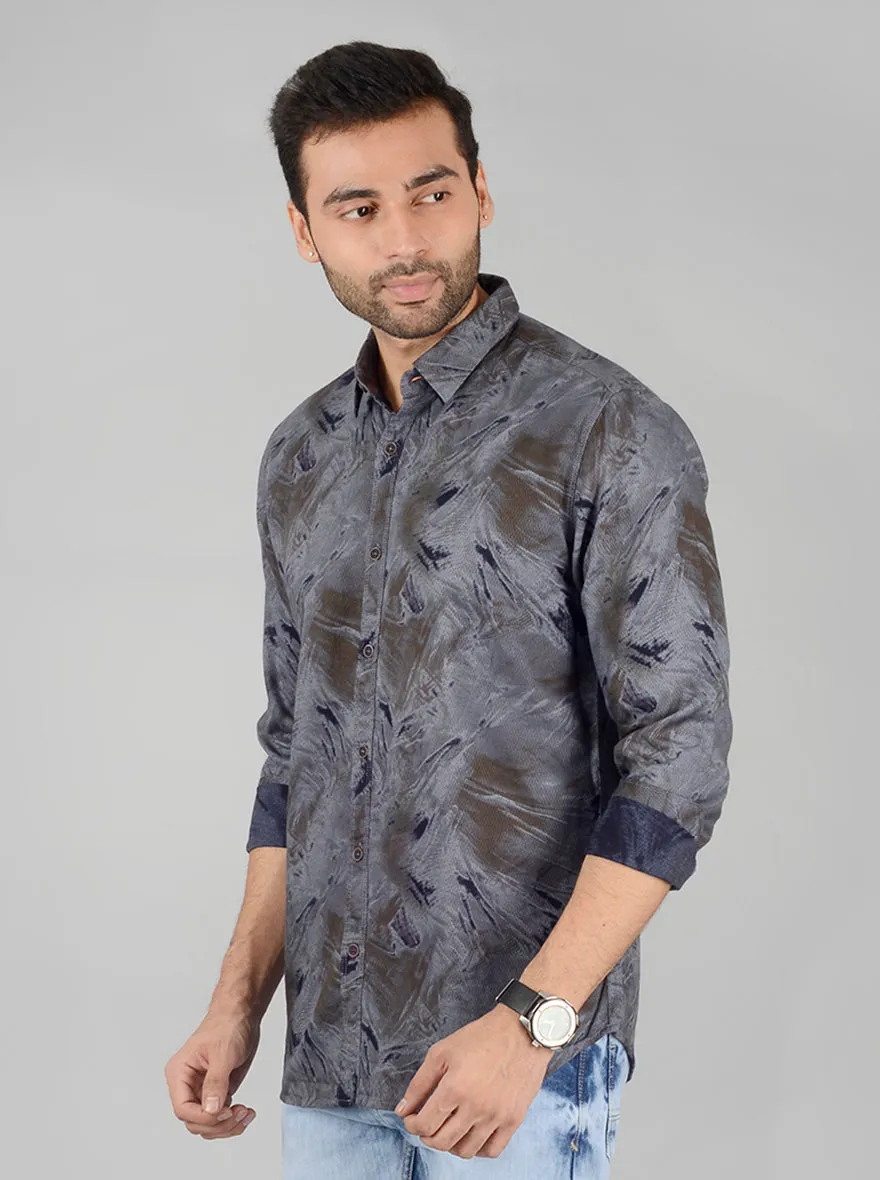 Grey Printed Slim Fit Casual Shirt | JadeBlue