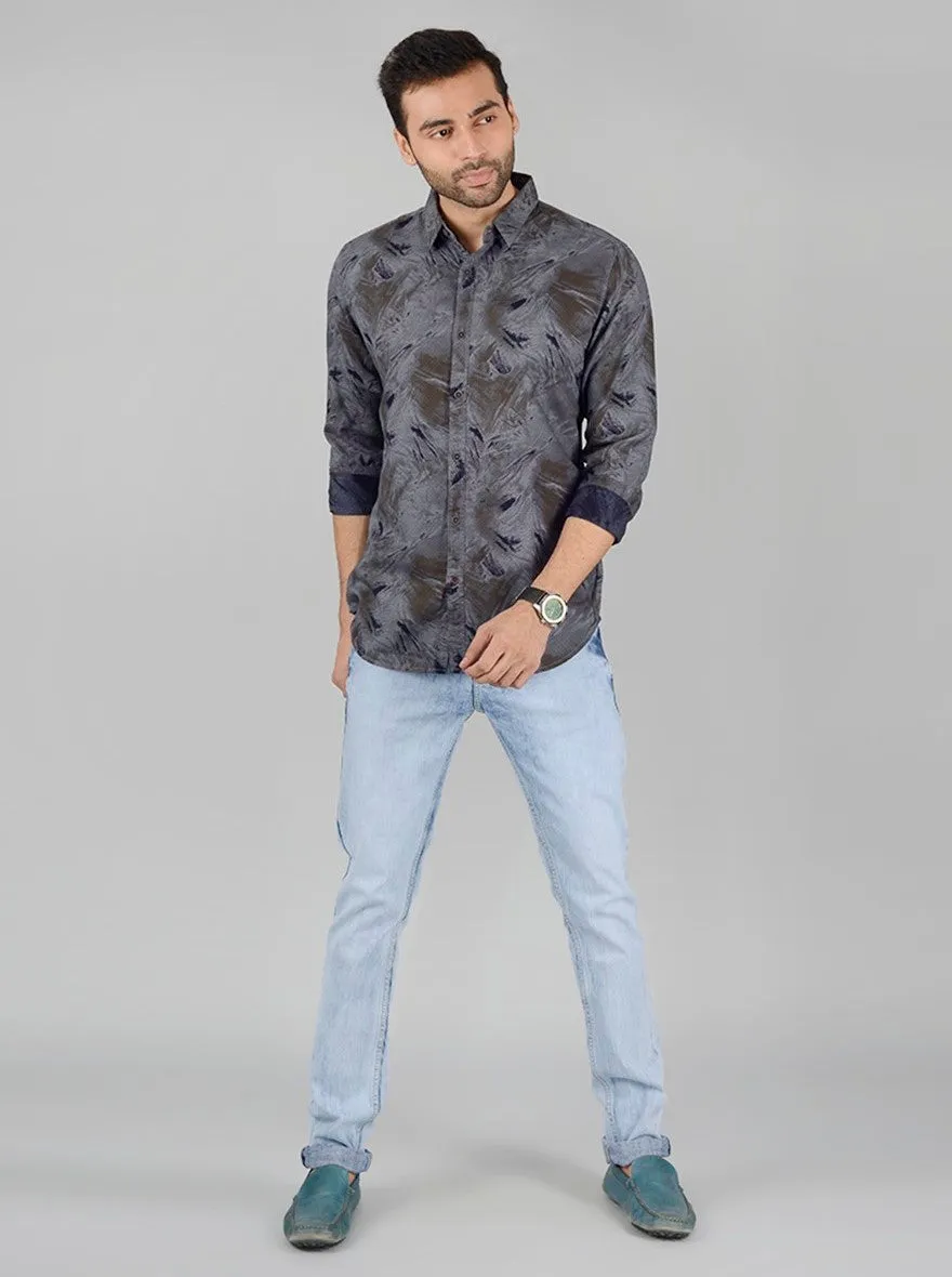 Grey Printed Slim Fit Casual Shirt | JadeBlue