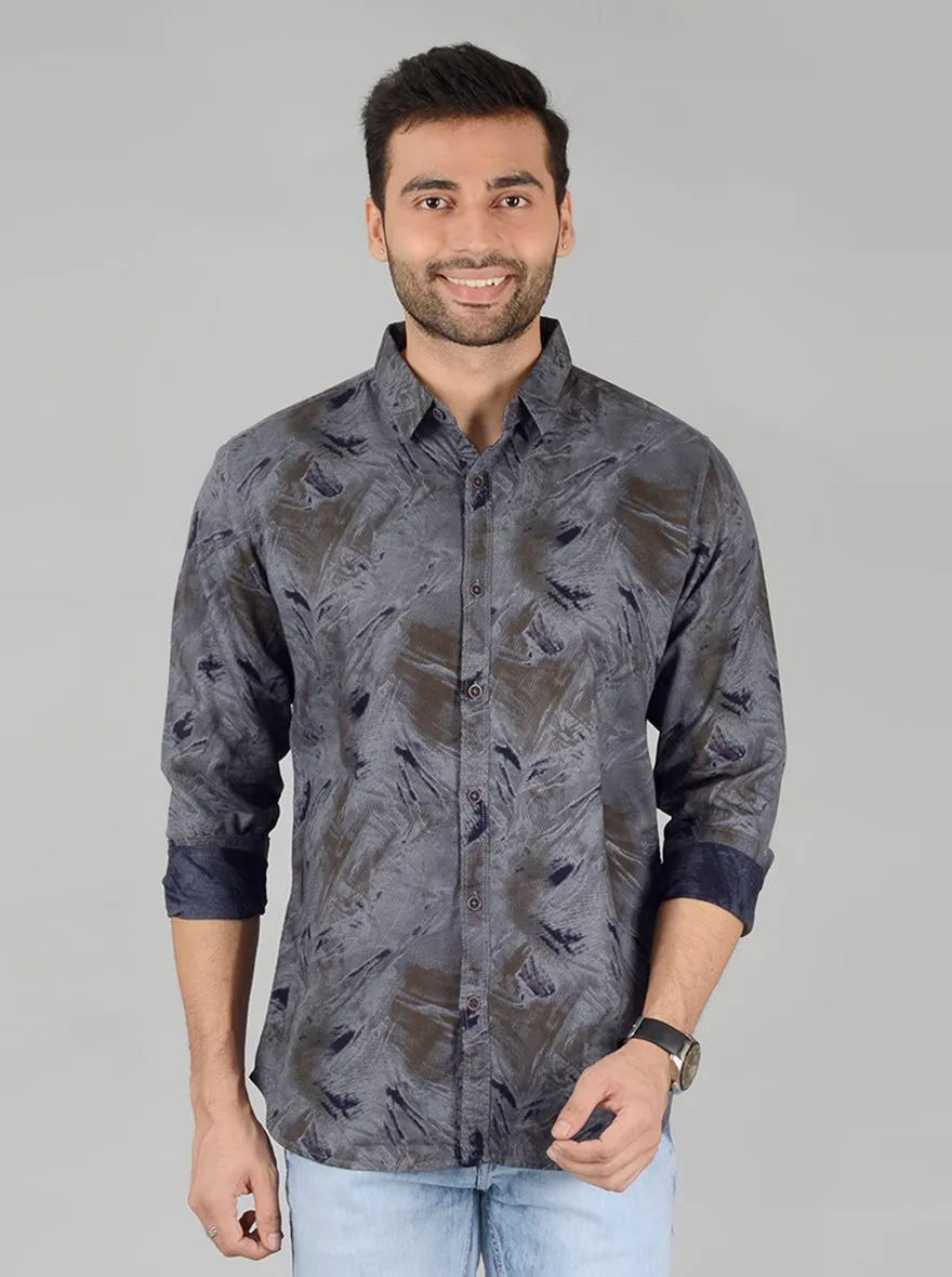 Grey Printed Slim Fit Casual Shirt | JadeBlue