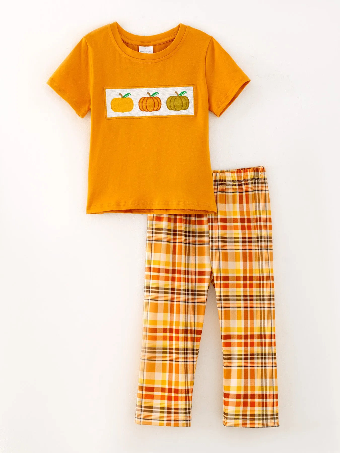 Halloween Boys Cotton Pumpkin Smocking Embroidered Top   Plaid Trousers Set