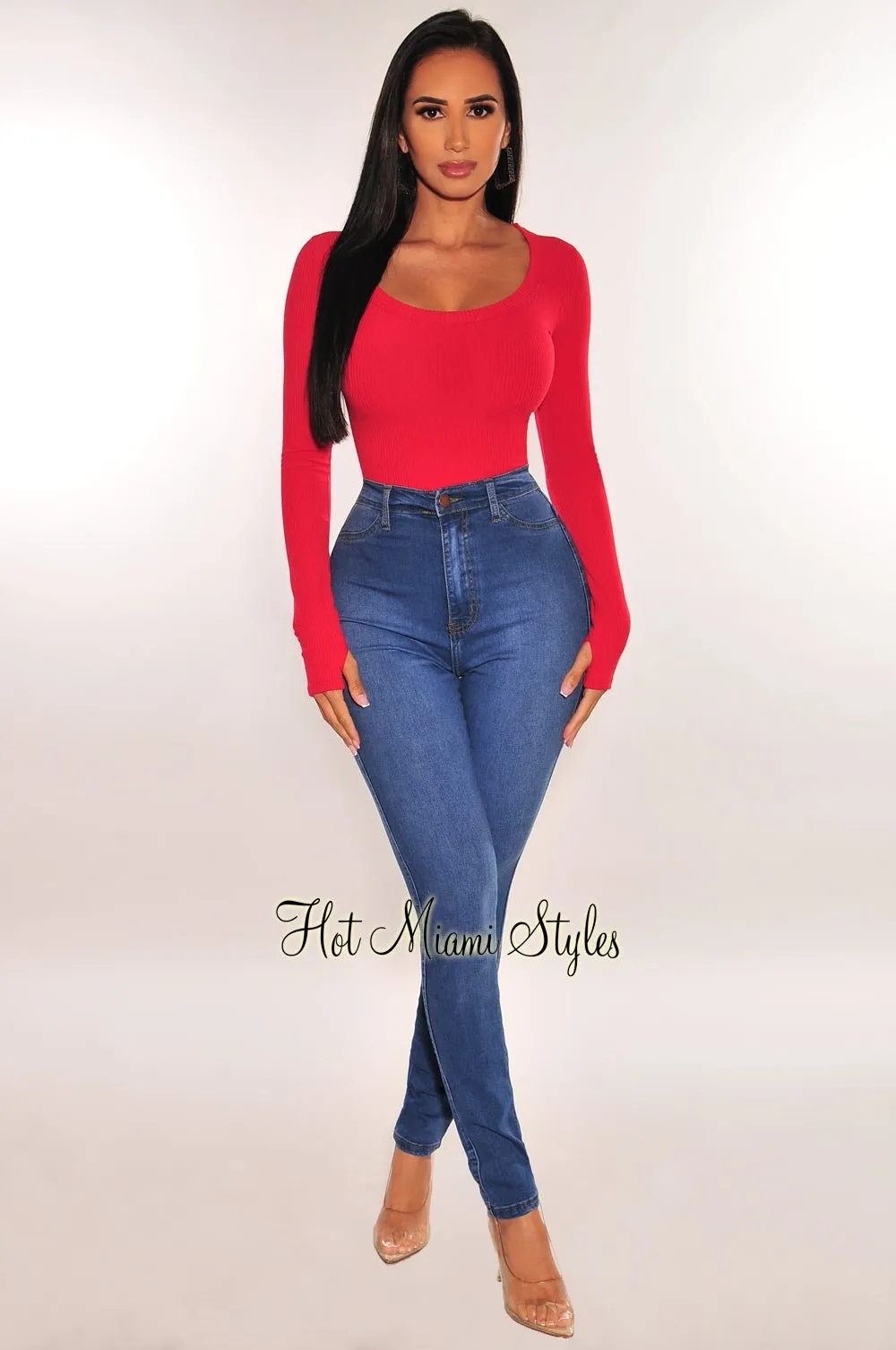 HMS Essential: Red Ribbed Round Neck Long Sleeves Bodysuit