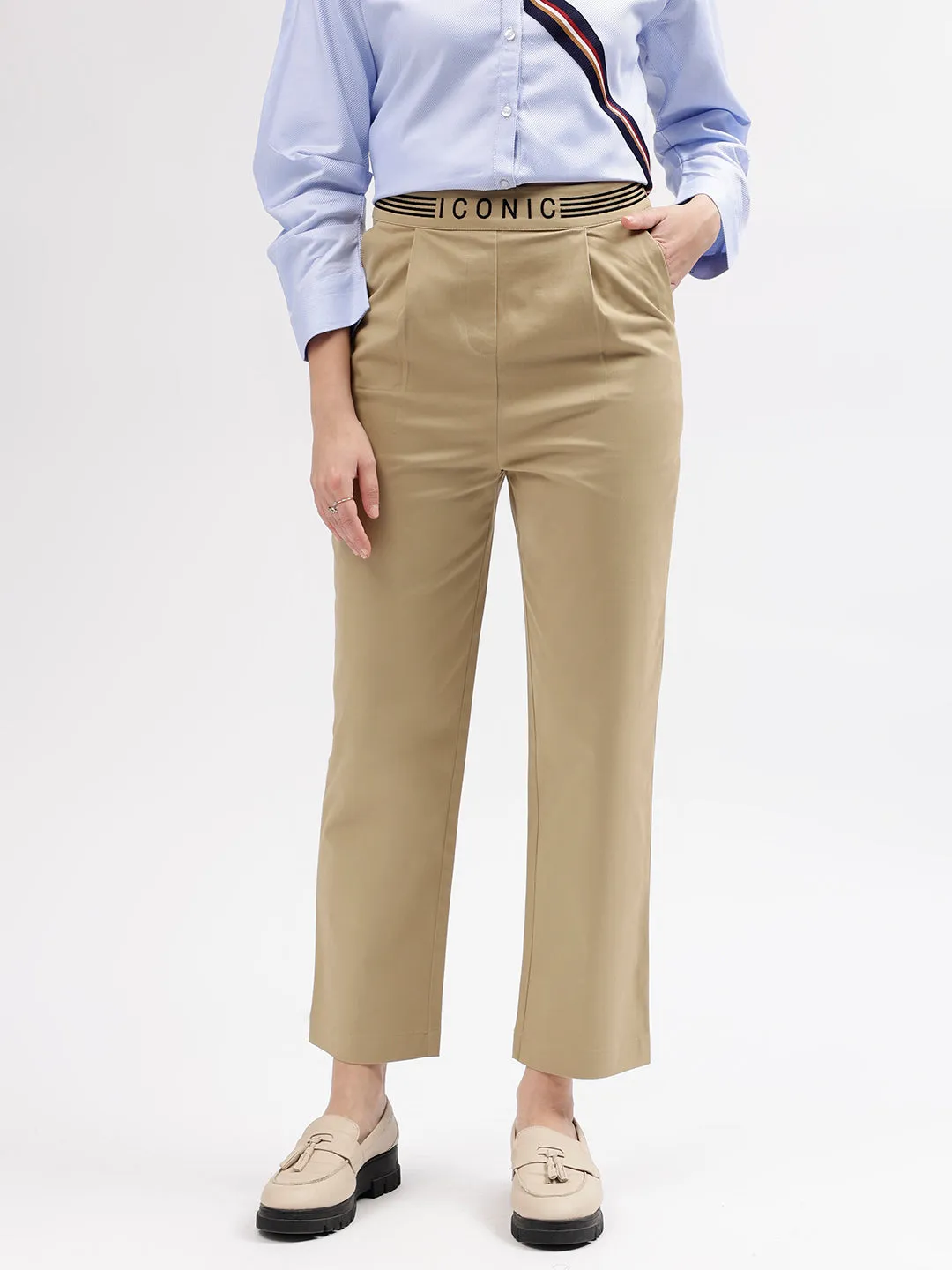 Iconic Women Khaki Solid Regular Fit Mid-Rise Trouser