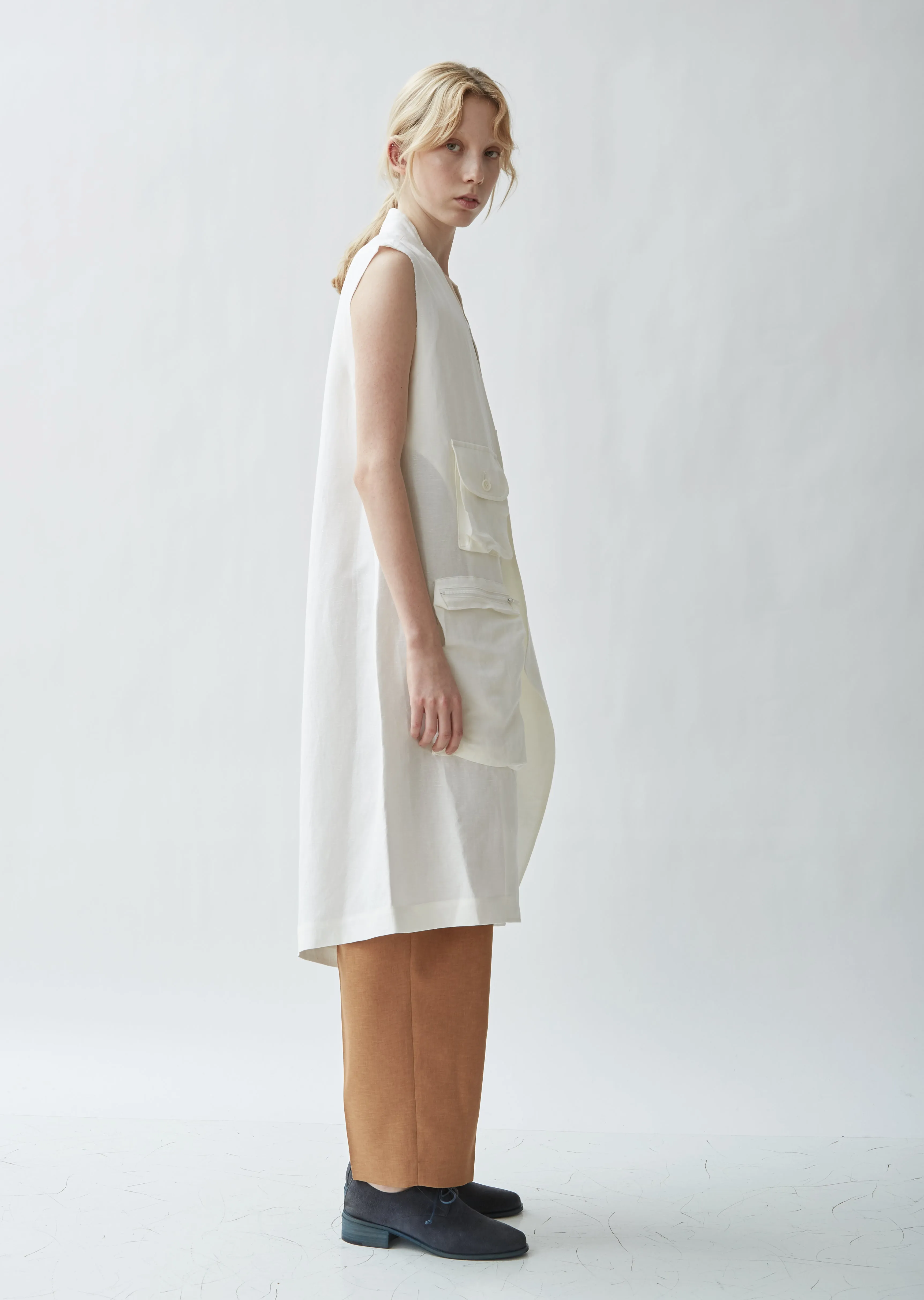 Linen Blend Stand Collar Sleeveless Jacket