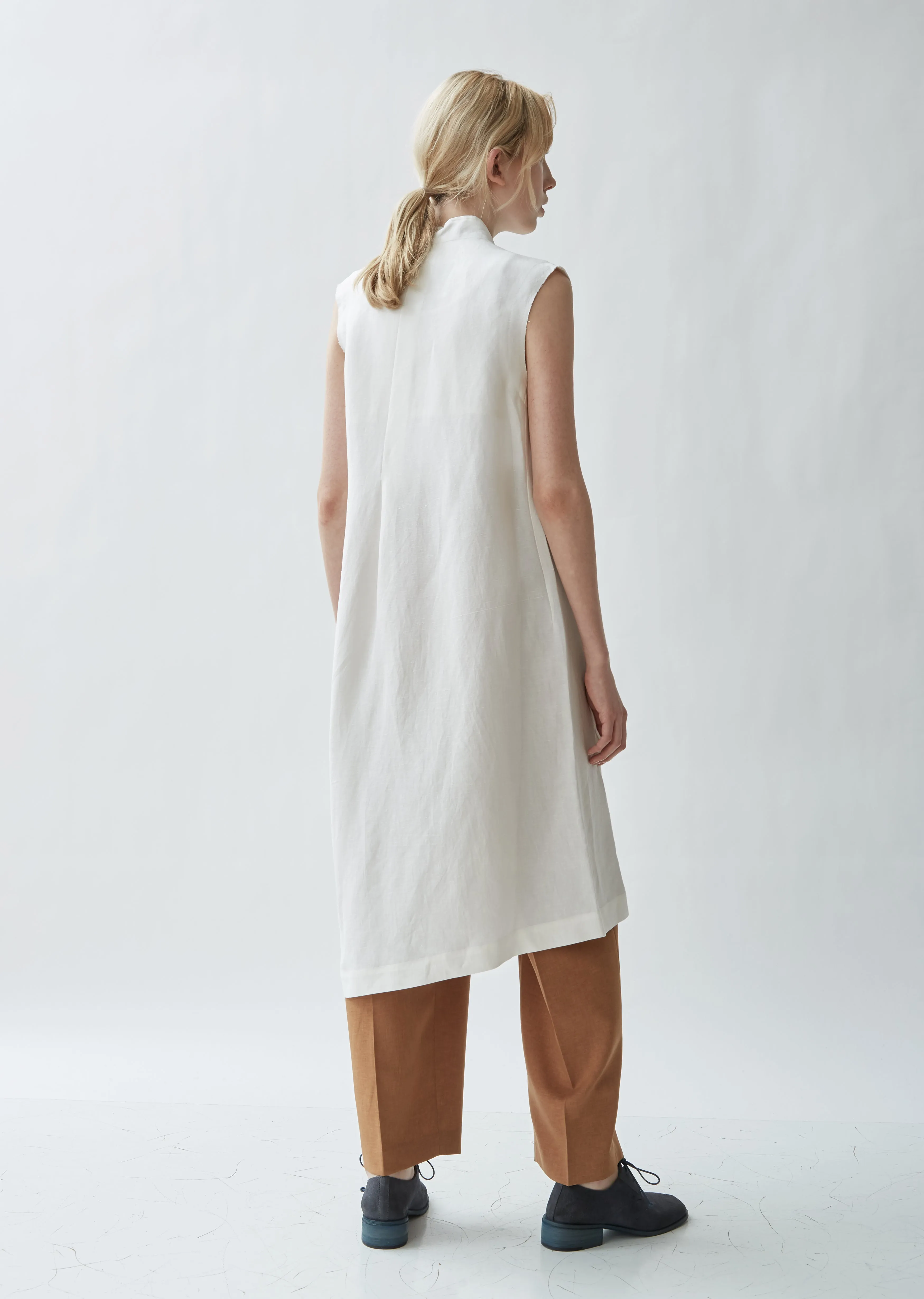 Linen Blend Stand Collar Sleeveless Jacket