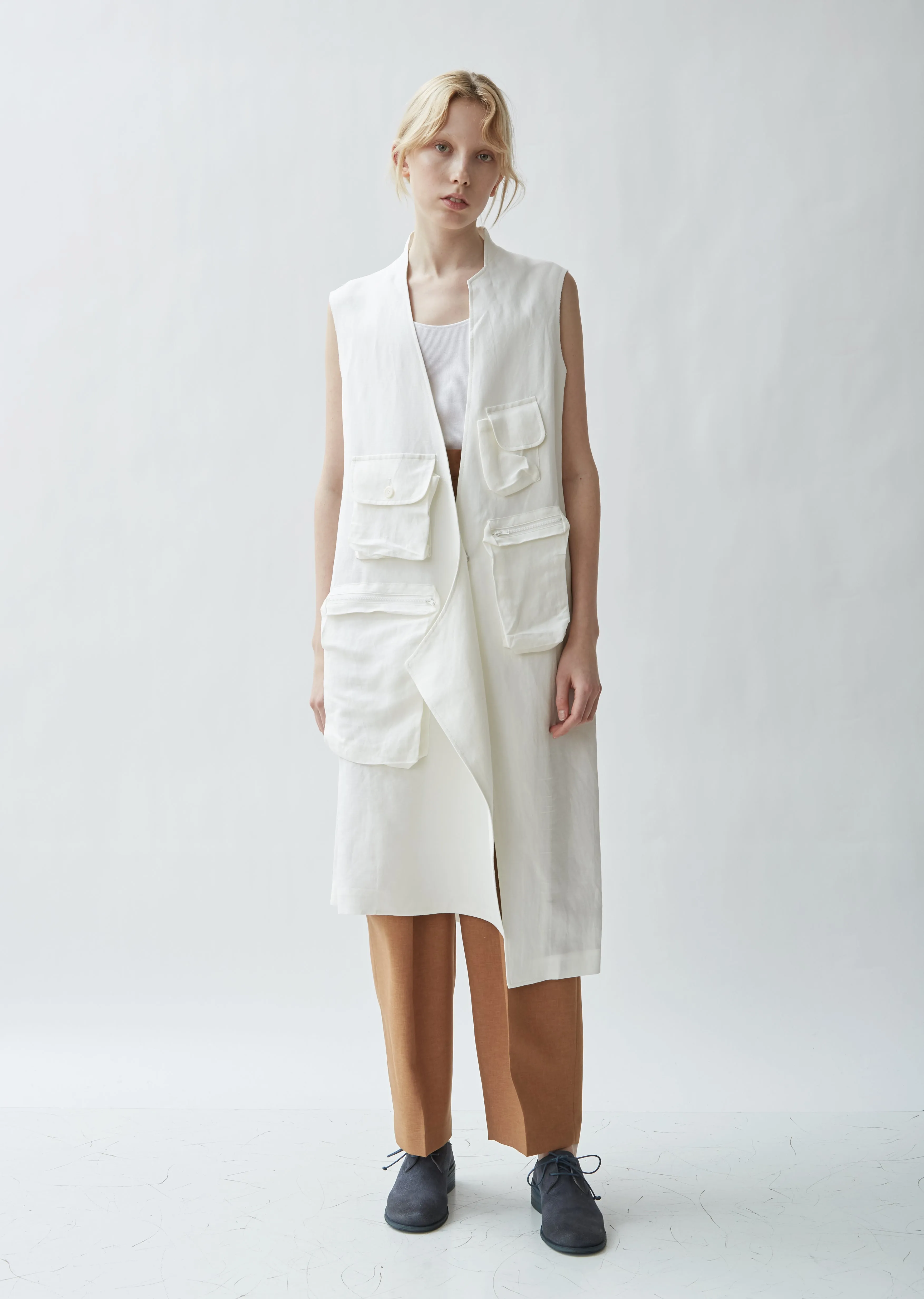 Linen Blend Stand Collar Sleeveless Jacket