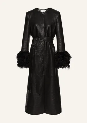 Longline shearling trim coat in black