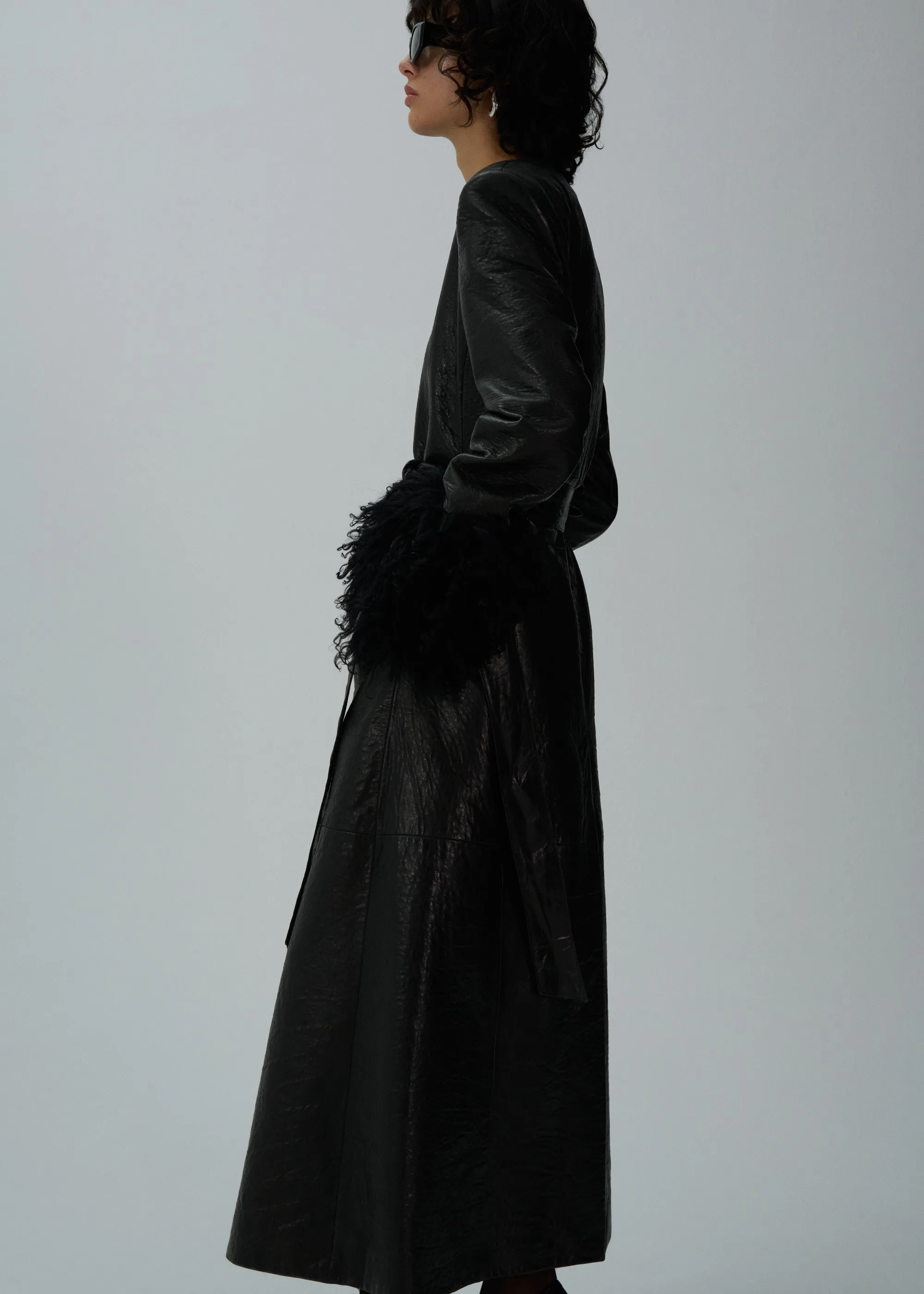 Longline shearling trim coat in black