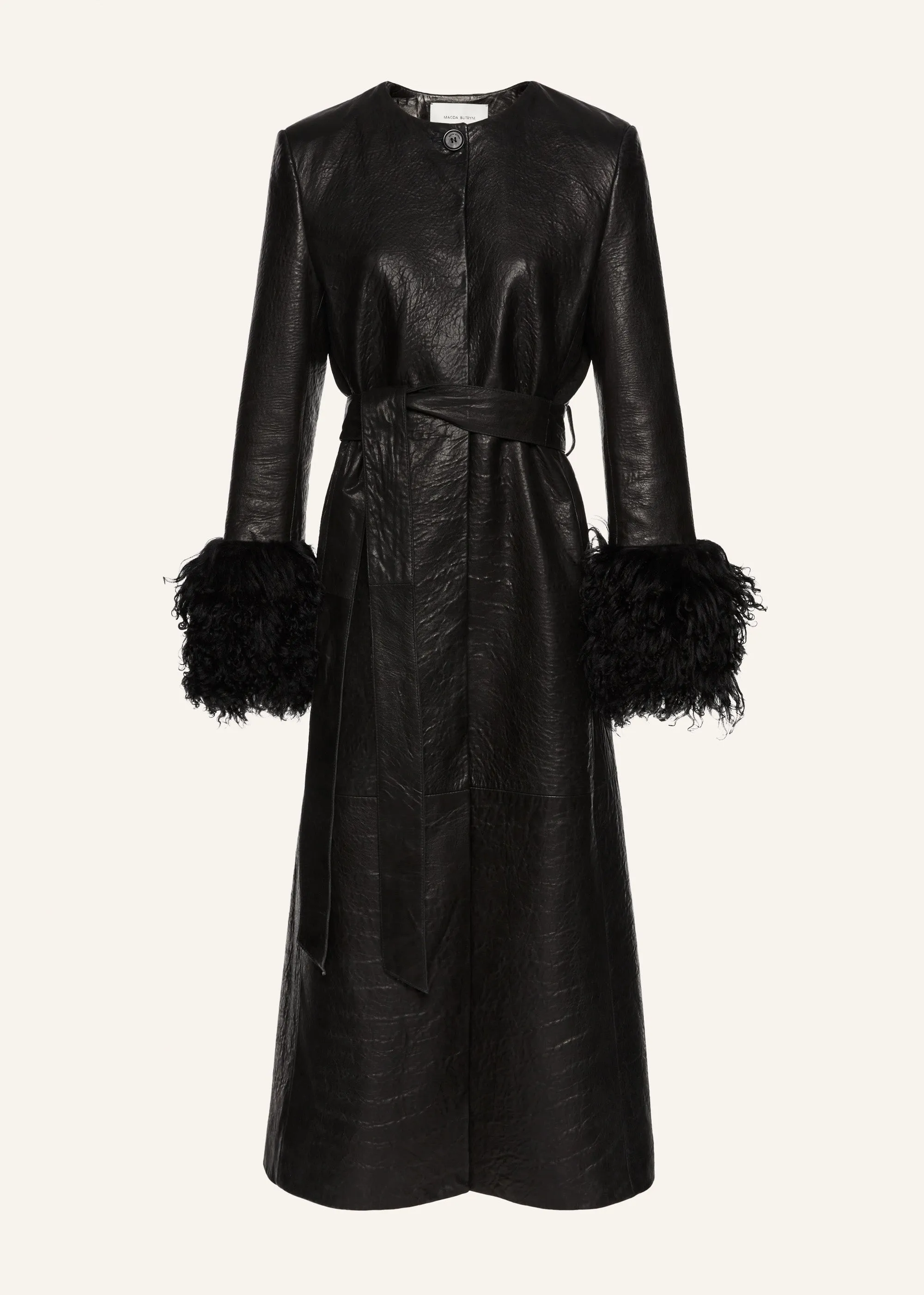 Longline shearling trim coat in black