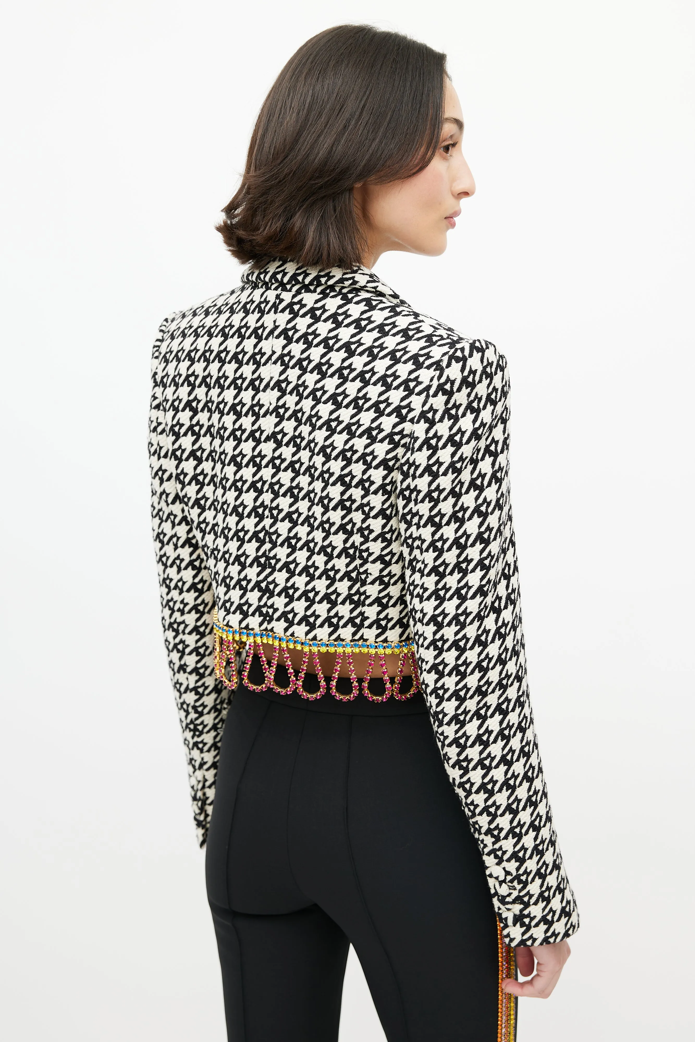 Multicolor Houndstooth Diamante Tassel Blazer