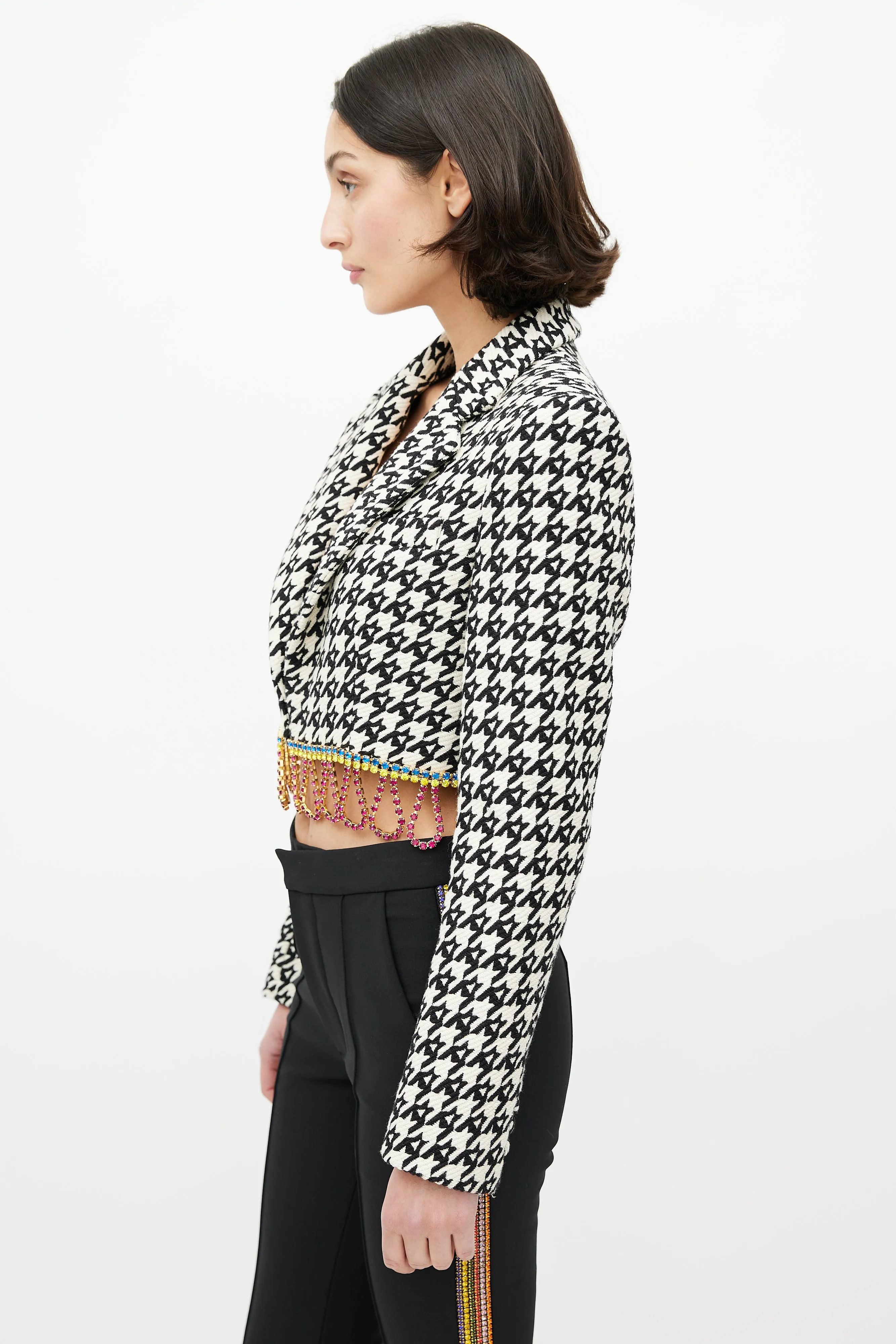 Multicolor Houndstooth Diamante Tassel Blazer