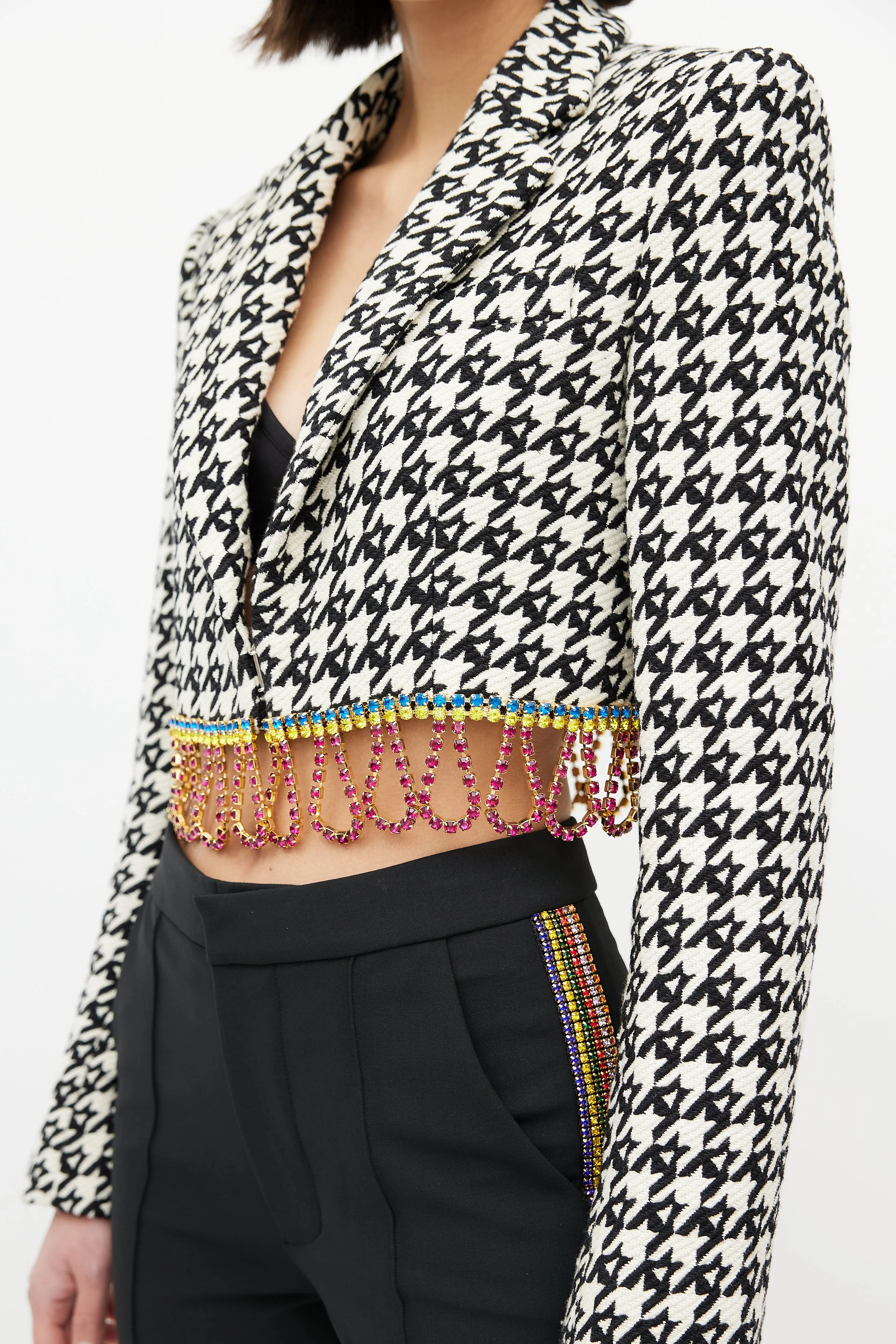 Multicolor Houndstooth Diamante Tassel Blazer