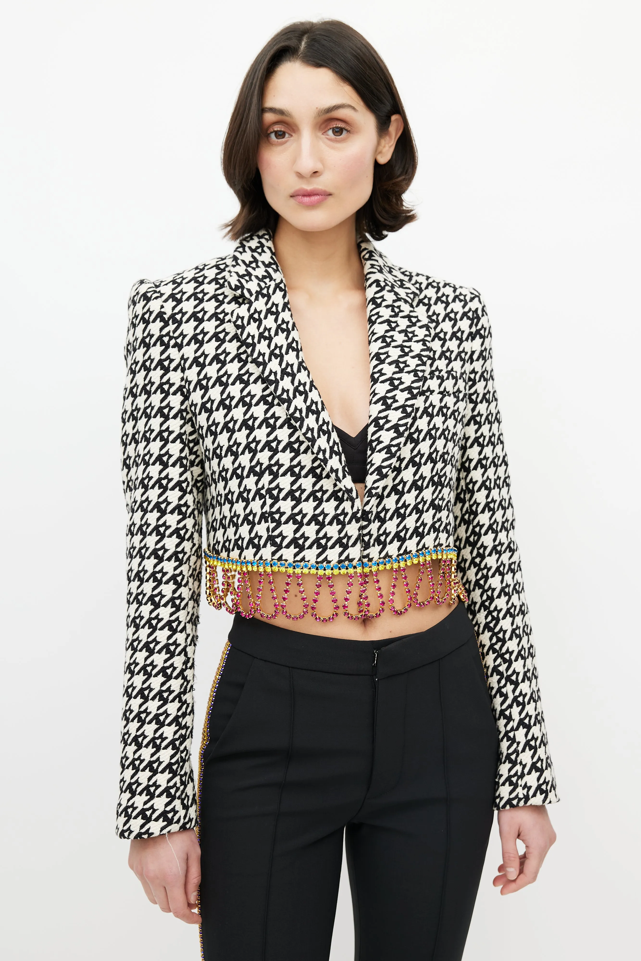 Multicolor Houndstooth Diamante Tassel Blazer