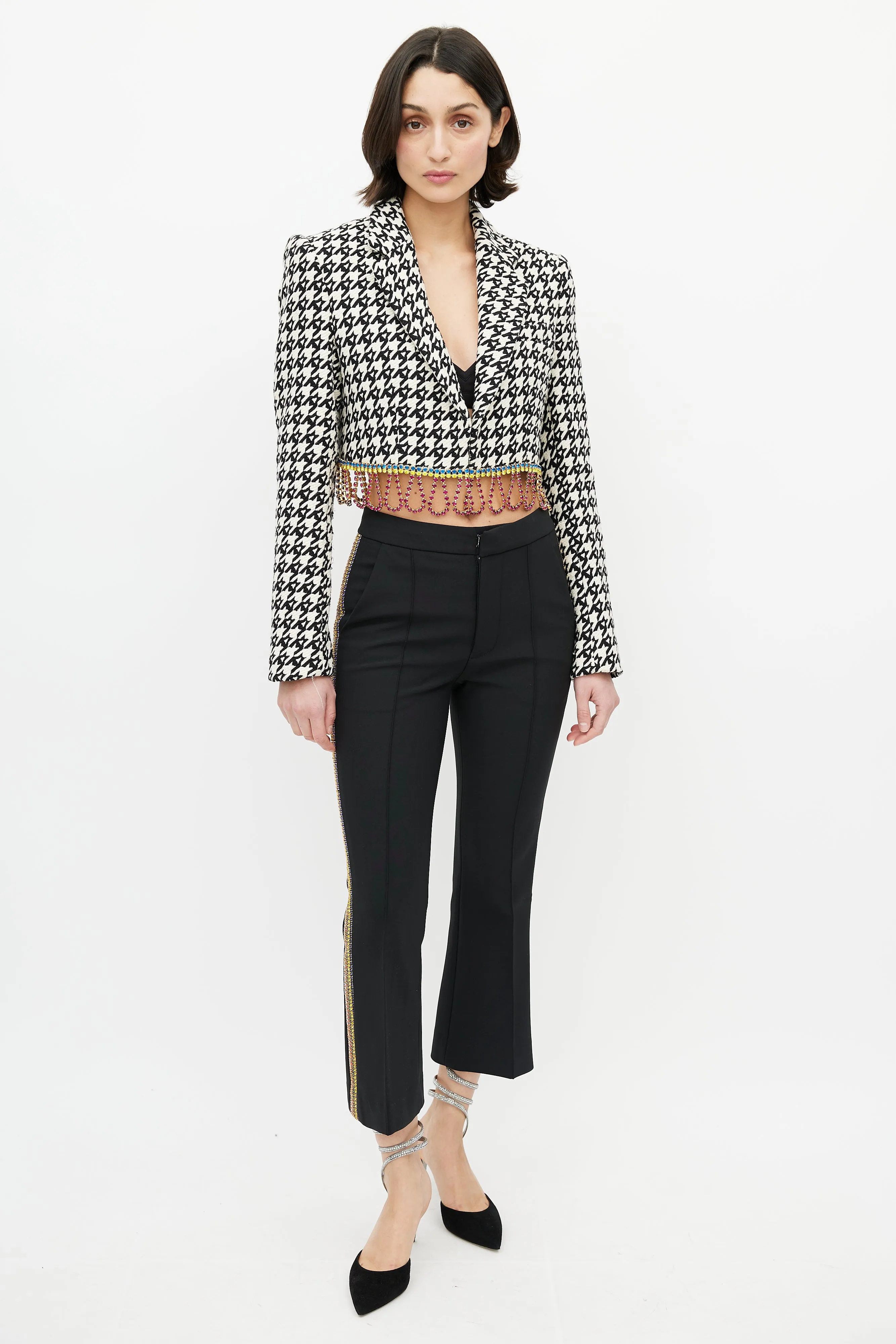 Multicolor Houndstooth Diamante Tassel Blazer