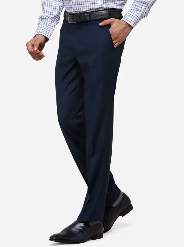 Navy Blue Slim Fit Checked Formal Trouser | Metal