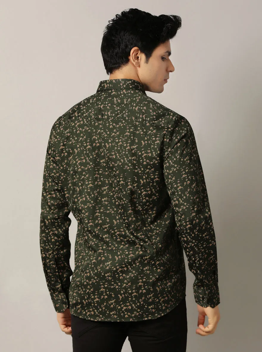 Olive Green Printed Tailored Fit Semi Casual Shirt | JadeBlue