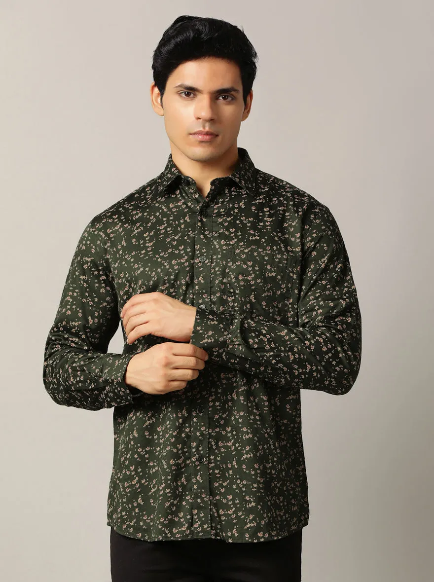 Olive Green Printed Tailored Fit Semi Casual Shirt | JadeBlue