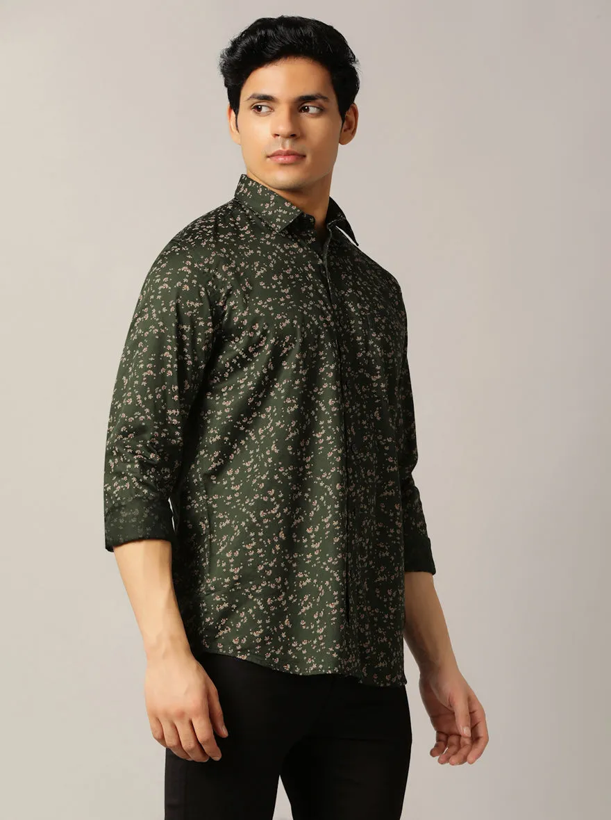 Olive Green Printed Tailored Fit Semi Casual Shirt | JadeBlue