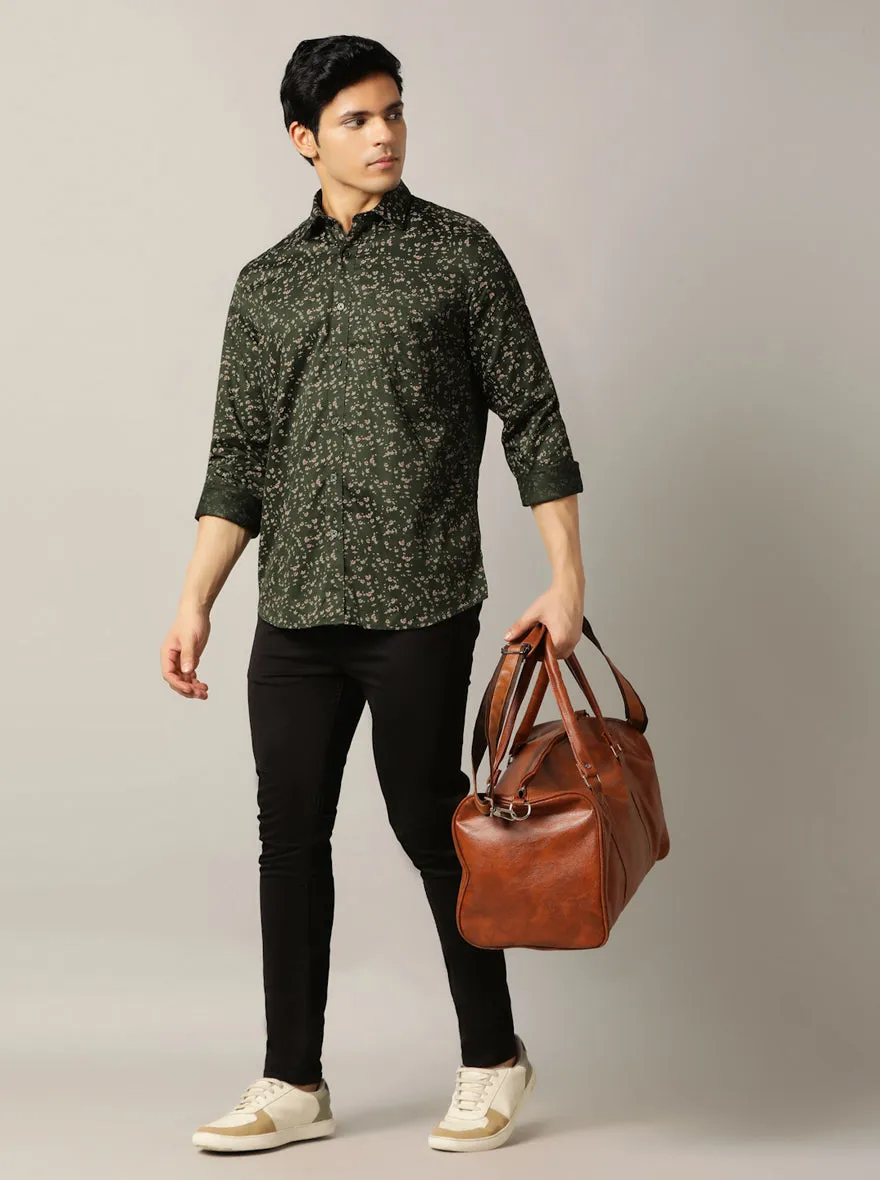 Olive Green Printed Tailored Fit Semi Casual Shirt | JadeBlue