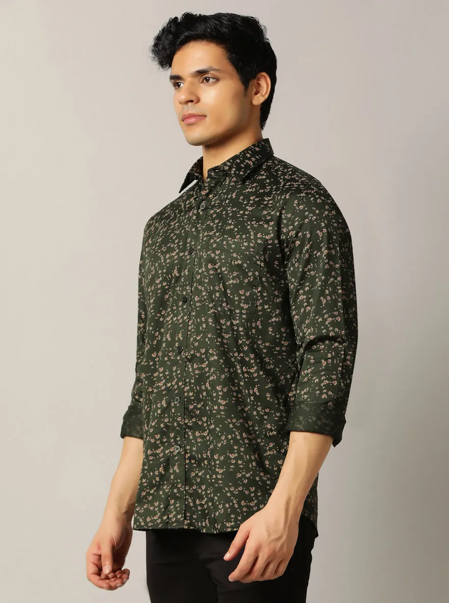 Olive Green Printed Tailored Fit Semi Casual Shirt | JadeBlue